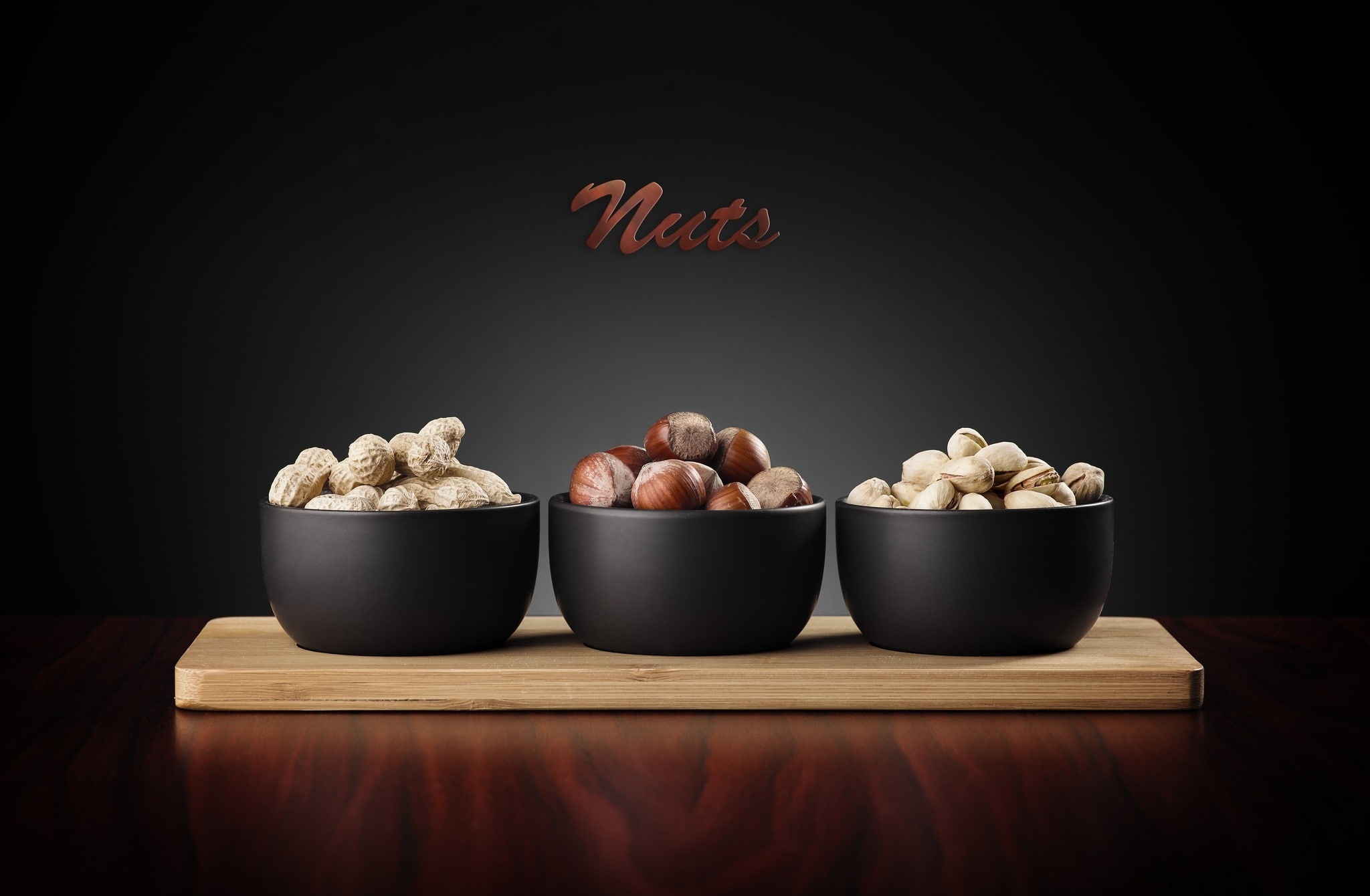 text, choice, still life, ingredient, indoors, bowl, studio shot, 1080P, nuts, variation, wellbeing, black background, table, wood - material, vegetable, HD Wallpaper
