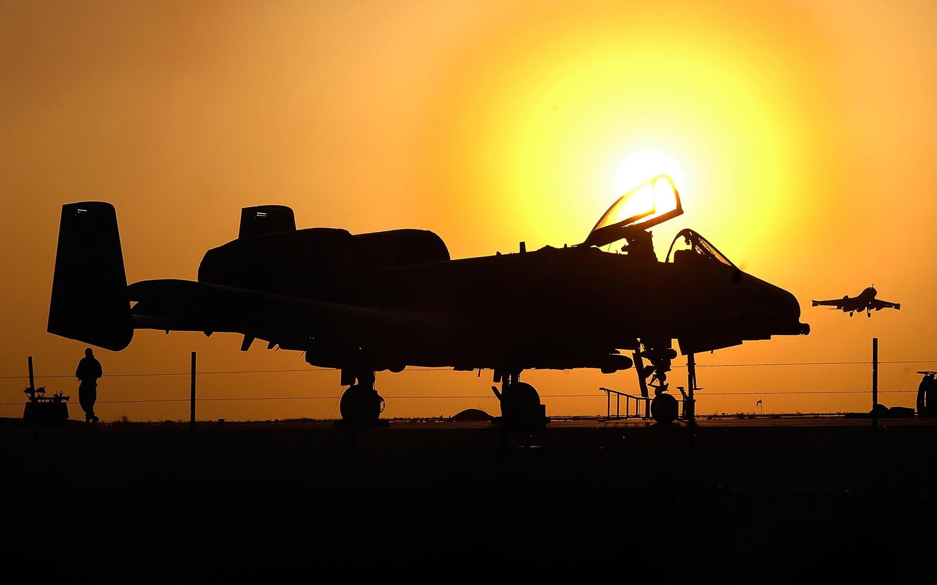 planes, airplane, crews, silhouette, maintenance, warthog, 1080P, HD Wallpaper