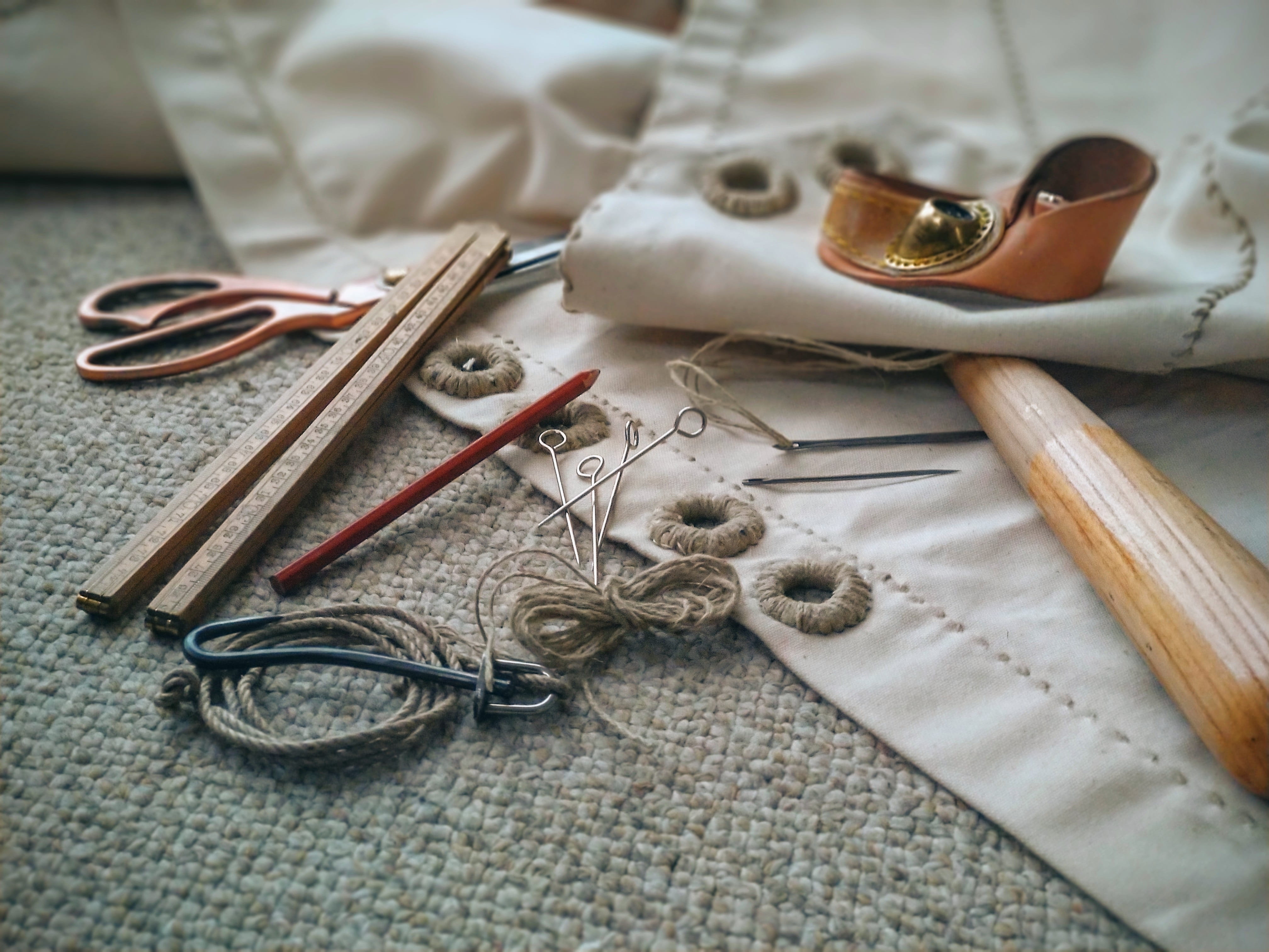 sail, old, indoors, selective focus, table, textile, 4K, grafting, vintage, sailmaking, high angle view, workshop, traditional, handmade, representation, HD Wallpaper