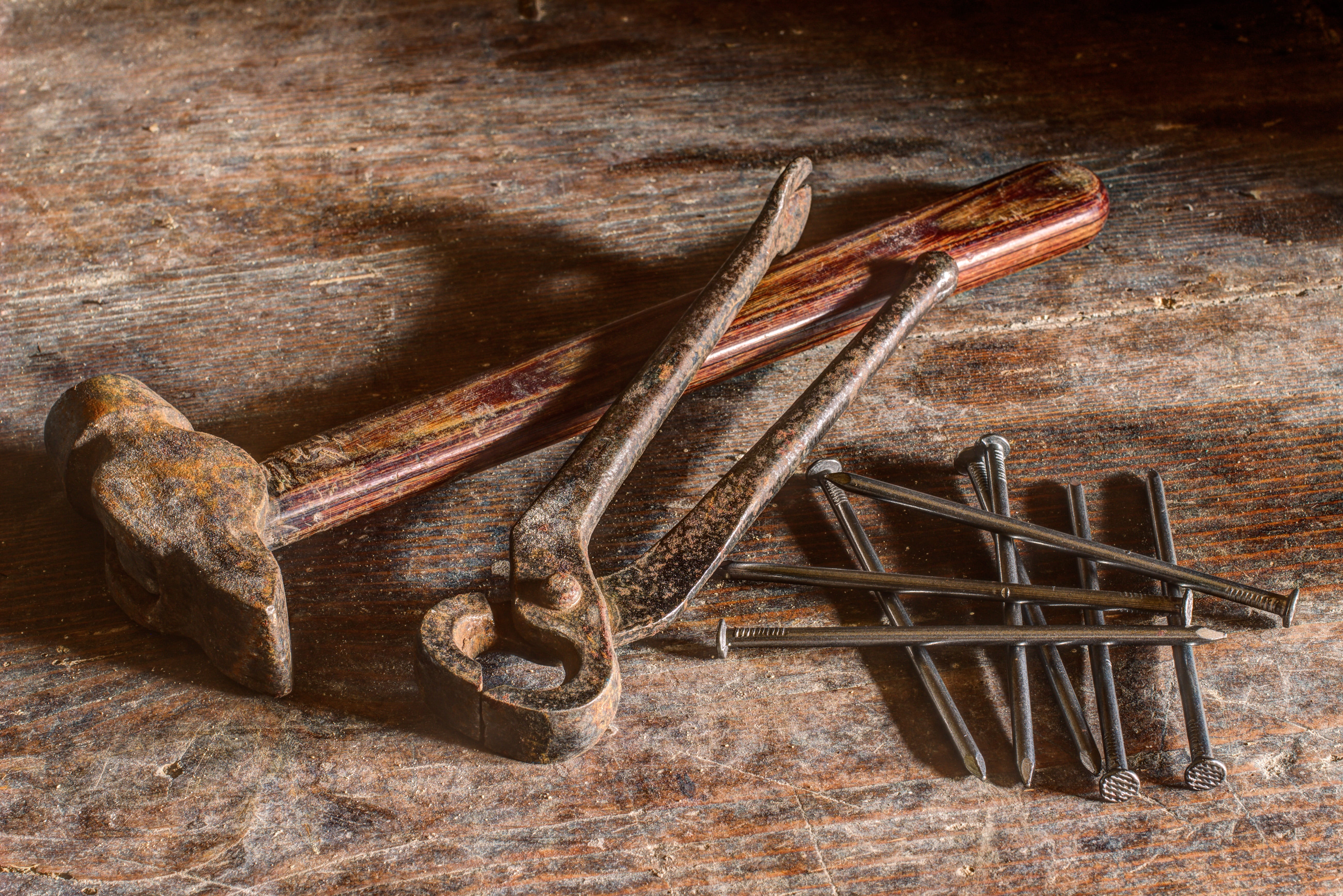 gray, brown, work, mites, master, construction, weathered, tool, leather, run-down, table, obsolete, work tool, build, nails, equipment, wood - material, HD Wallpaper