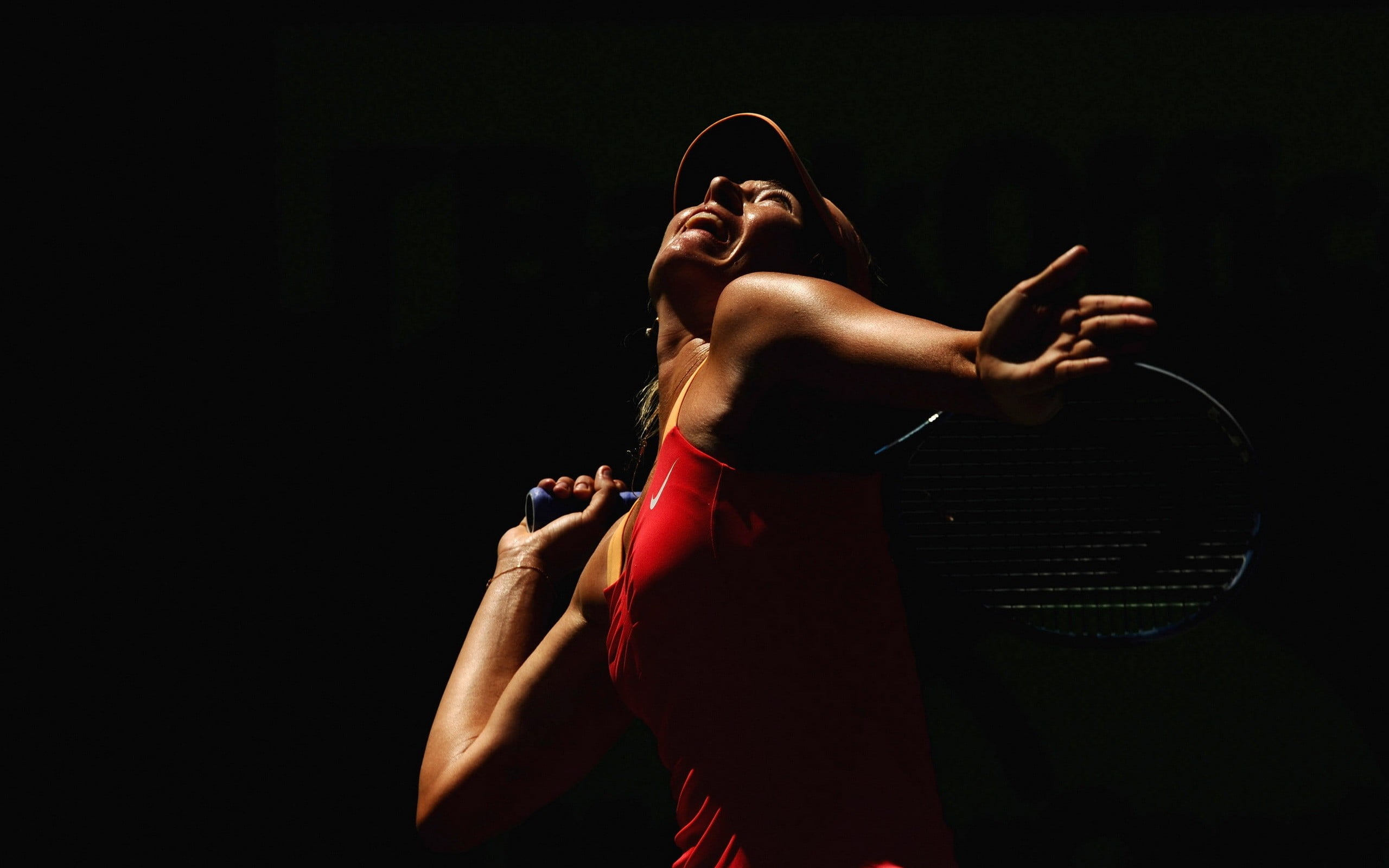side view, black background, standing, hairstyle, women, three quarter length, athletes, Maria Sharapova, 2K, holding, lifestyles, indoors, tennis, sport , HD Wallpaper