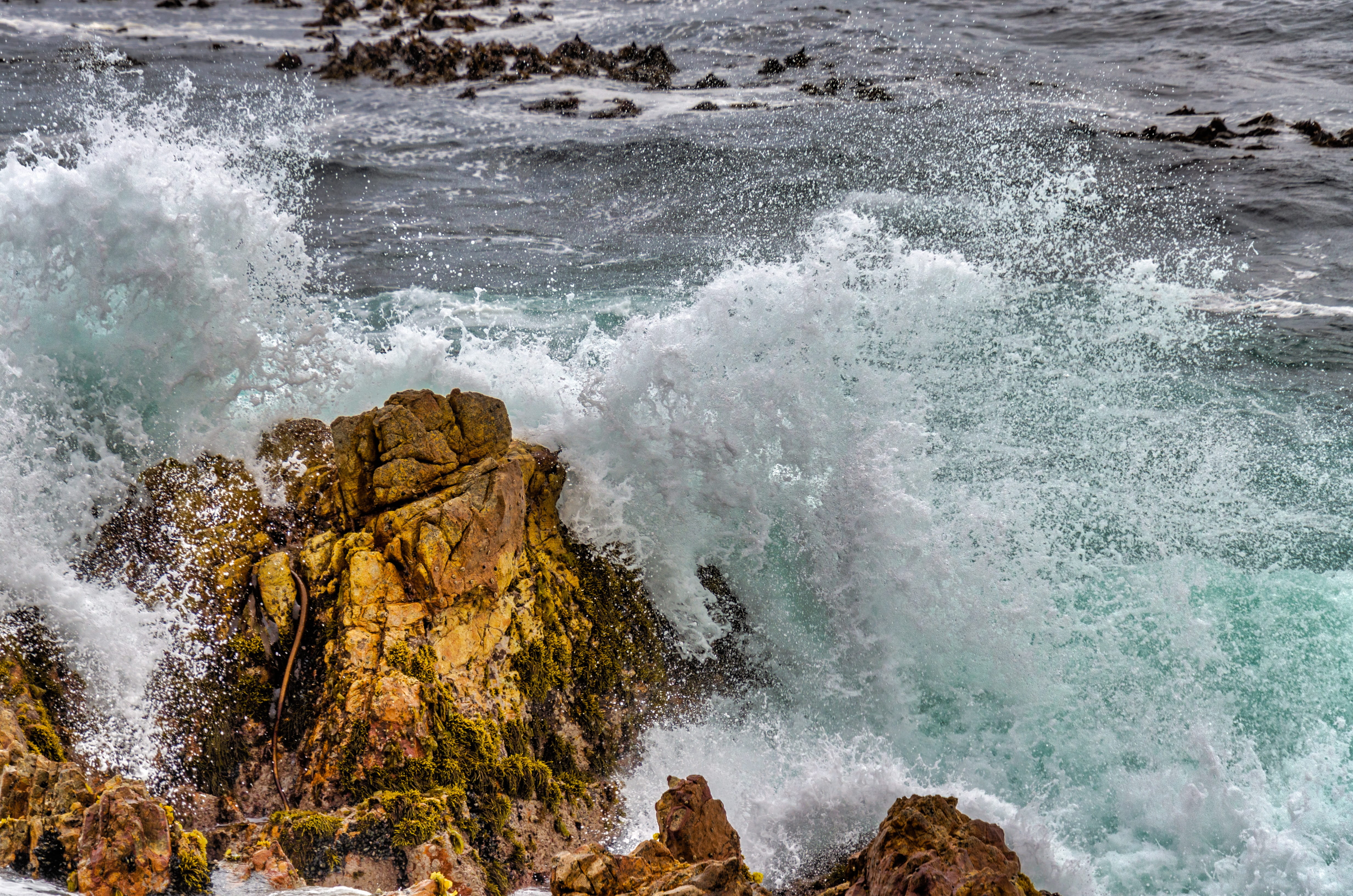 motion, sea, hitting, waves, nature, crashing, rock - object, rock formation, solid, ocean, surf, scenics - nature, water, splash, outdoors, aquatic sport, HD Wallpaper