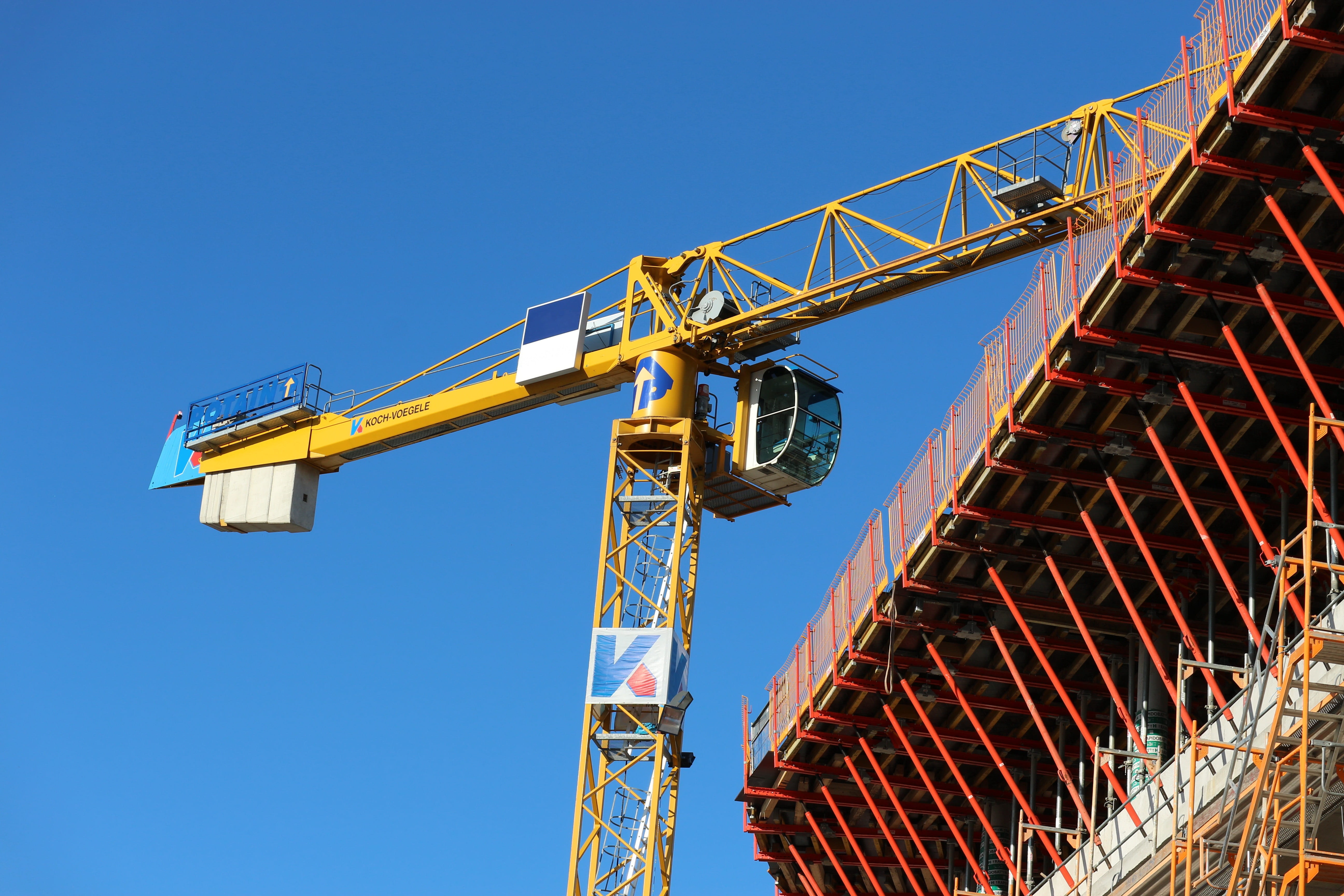 crane, boom, lastenarm, crane arm, construction work, clear sky, technology, sunny, built structure, blue, no people, cabin, outdoors, metal, 5K, construction industry, HD Wallpaper
