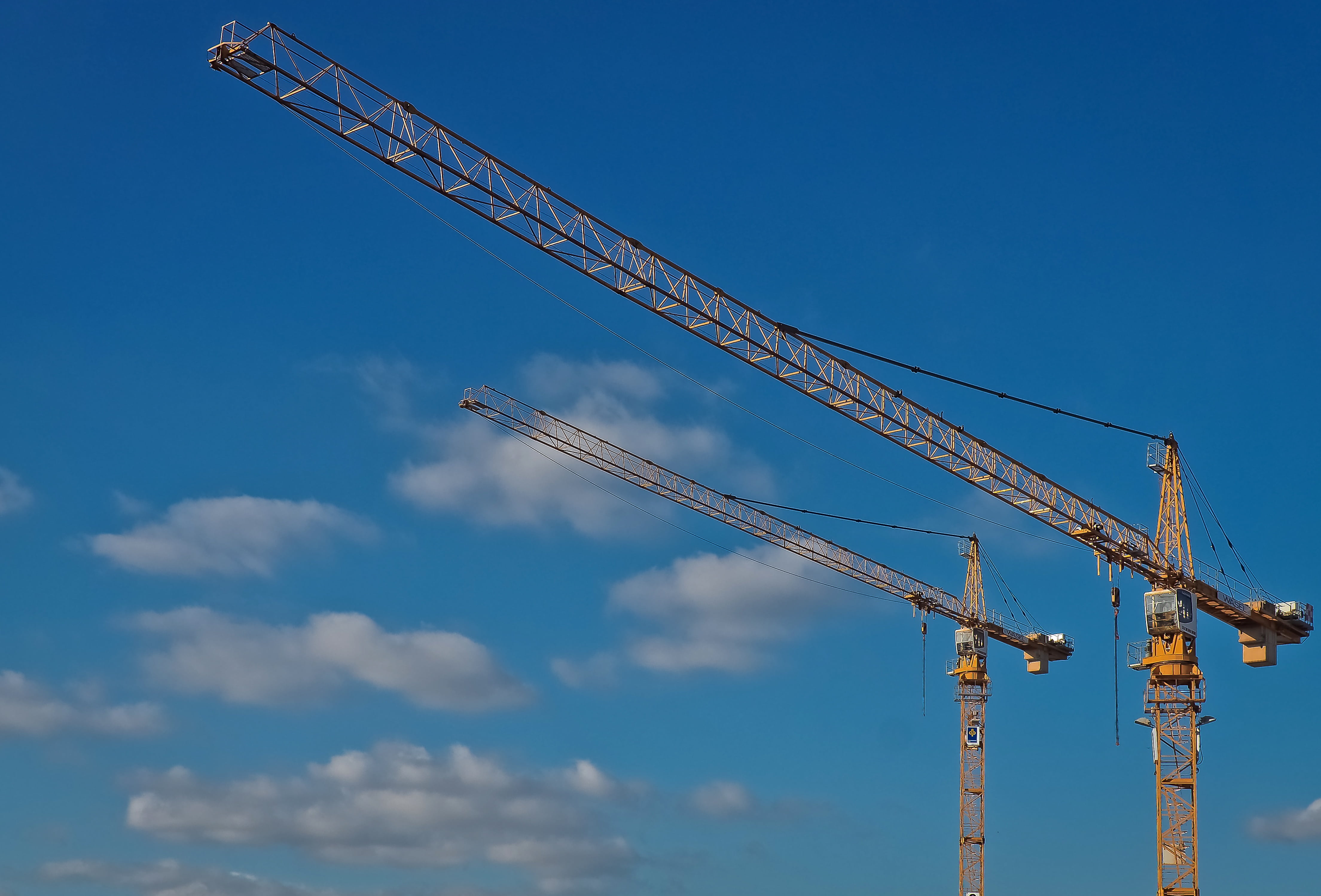 work, tall - high, journey, construction industry, two, freight transportation, metal, machine, outdoors, sky, high, clear, construction site, crane, machinery, HD Wallpaper