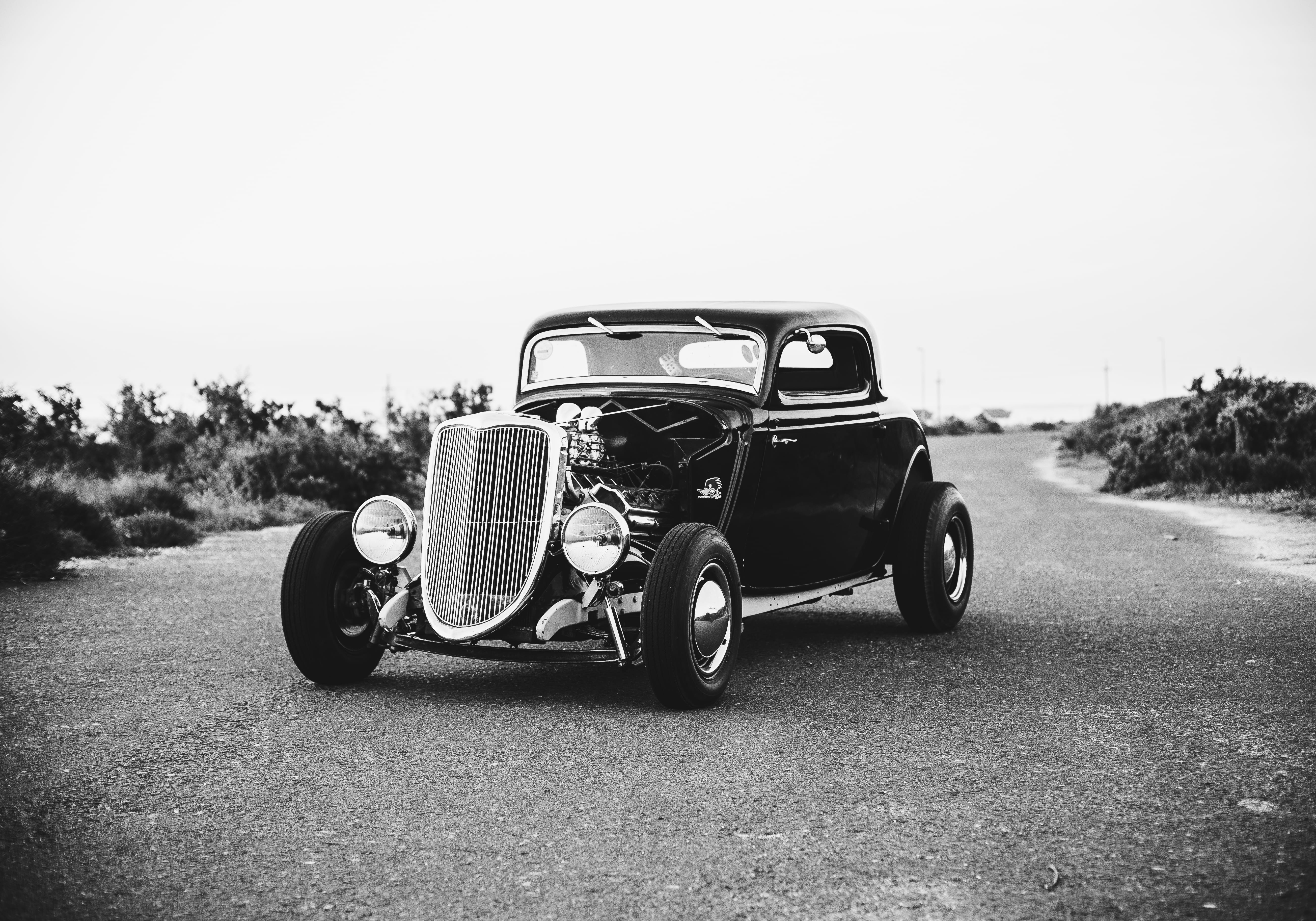 day, sky, hotrod, copy space, classic, 5K, stationary, land vehicle, sports car, plant, antique car, land, oldschool, road, street, photography, american muscle, HD Wallpaper