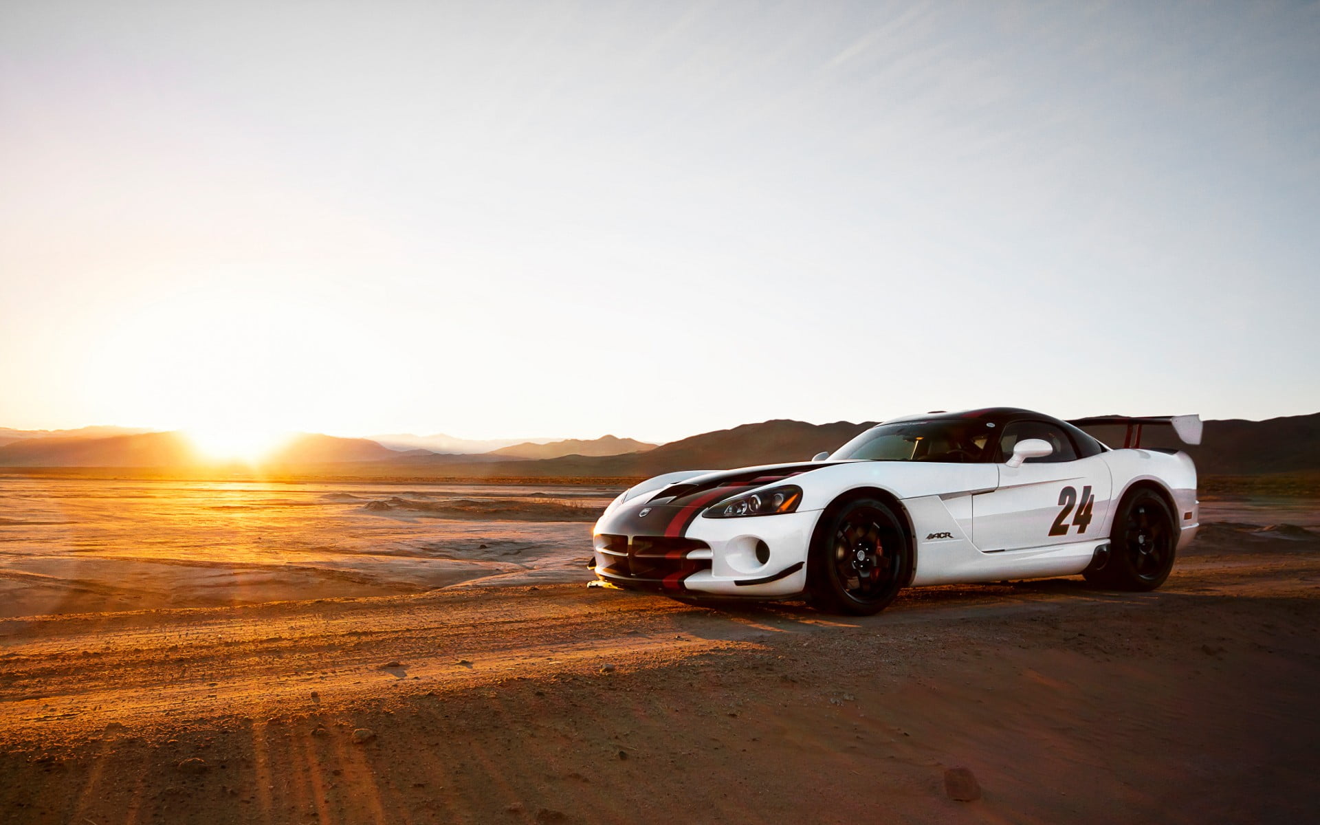 white cars, sunset, land, environment, Dodge Viper, travel, sky, transportation, lens flare, road, clear sky, mode of transportation, nature, 1080P, car, HD Wallpaper