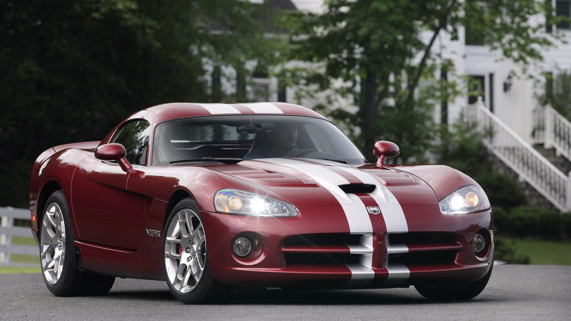 city, Dodge, luxury, architecture, car, men, vintage car, retro styled, nature, 1080P, tree, red, day, Dodge Viper, building exterior, wealth, motor vehicle, HD Wallpaper
