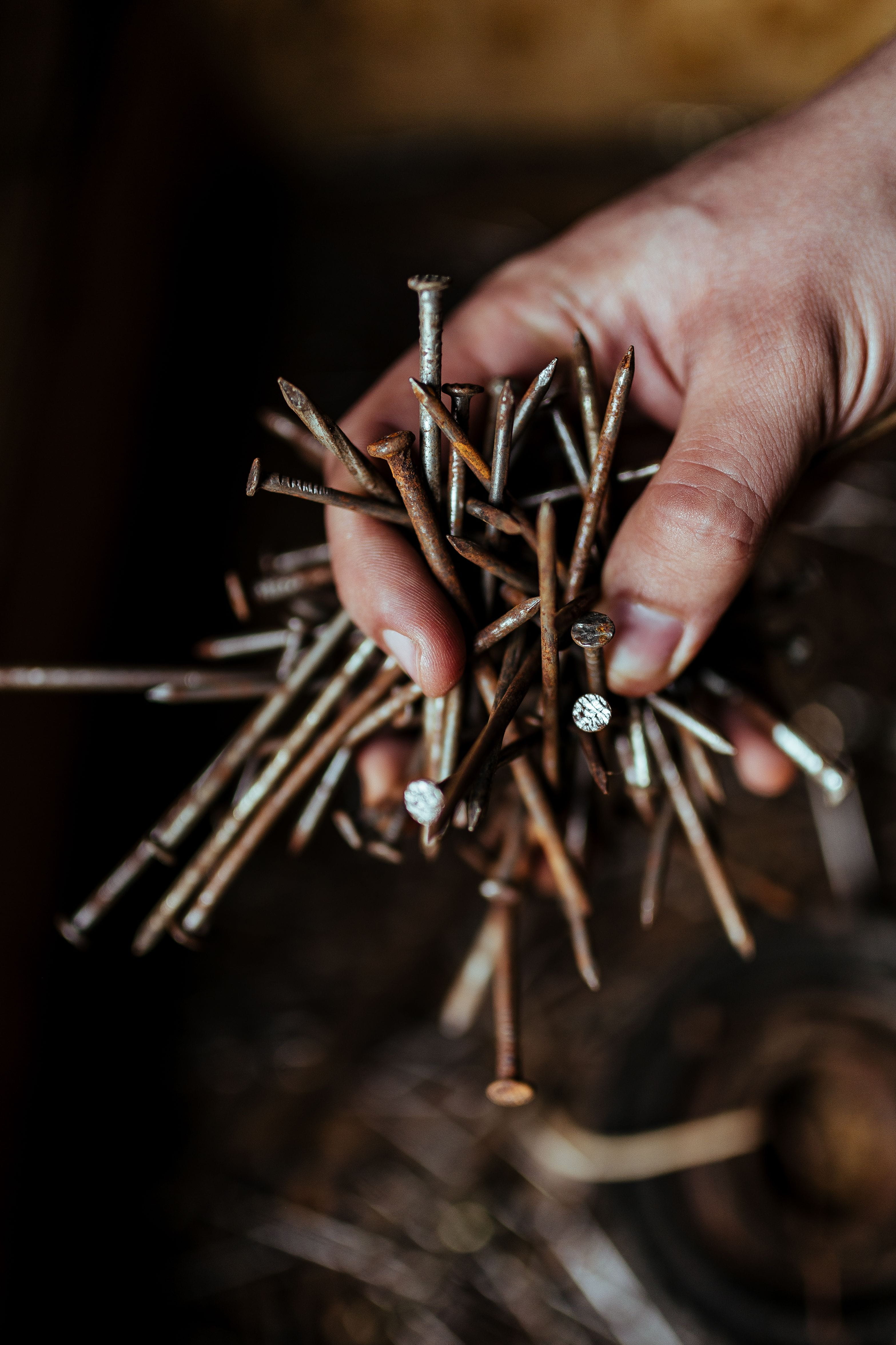 unrecognizable person, nature, hand, outdoors, metal, real people, lifestyles, human hand, nuts, men, nails, bolts, 4K, shed, Tools, wood - Material, finger, Phone HD Wallpaper