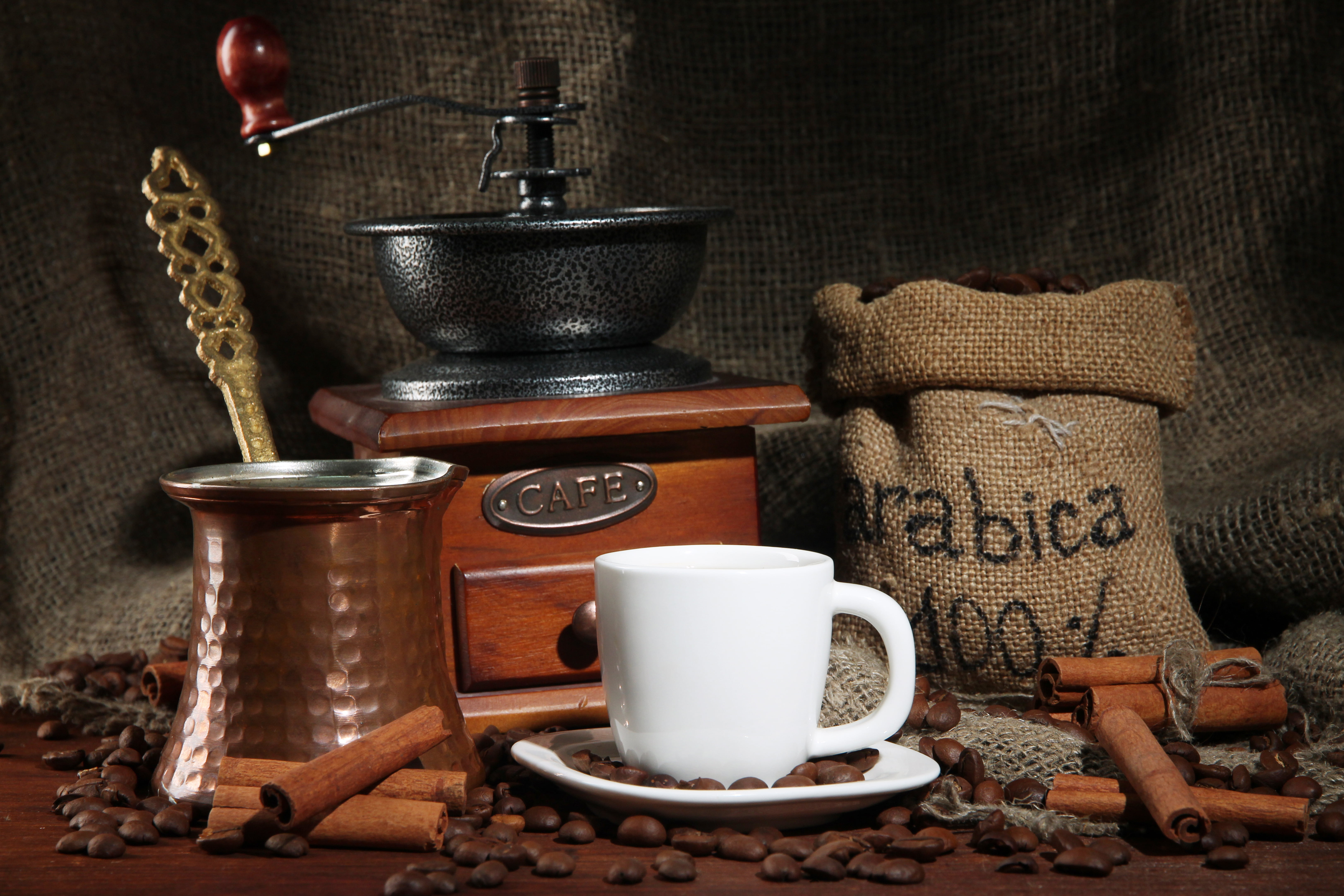 freshness, 5K, crockery, natural, coffee grinder, hot drink, dark, grain, coffee, container, indoors, mug, burlap, tea cup, Cup, still life, Turk, food and drink, HD Wallpaper