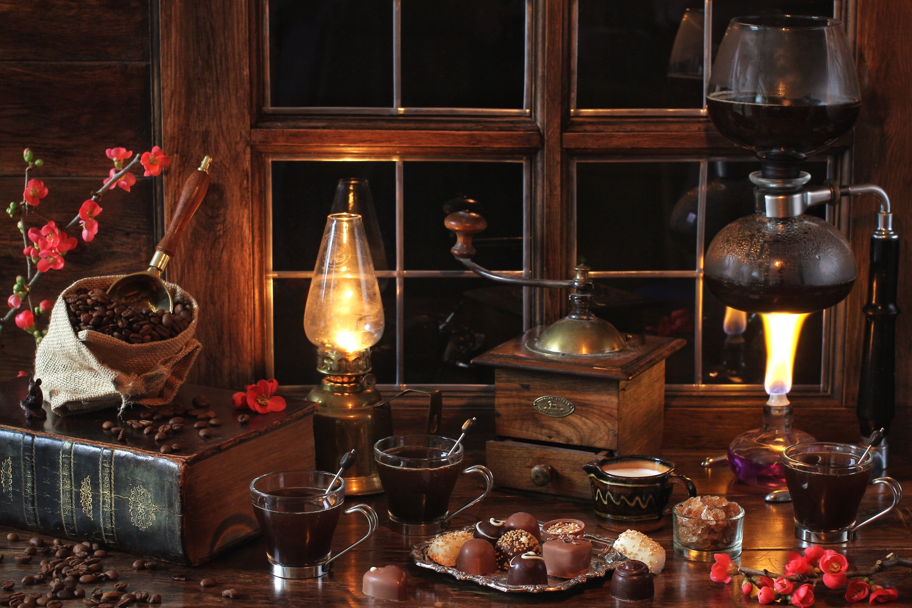 coffee, lamp, burning, glass, flame, transparent, refreshment, window, chocolate, container, drink, still life, fire, food and drink, book, grinder, candle, HD Wallpaper