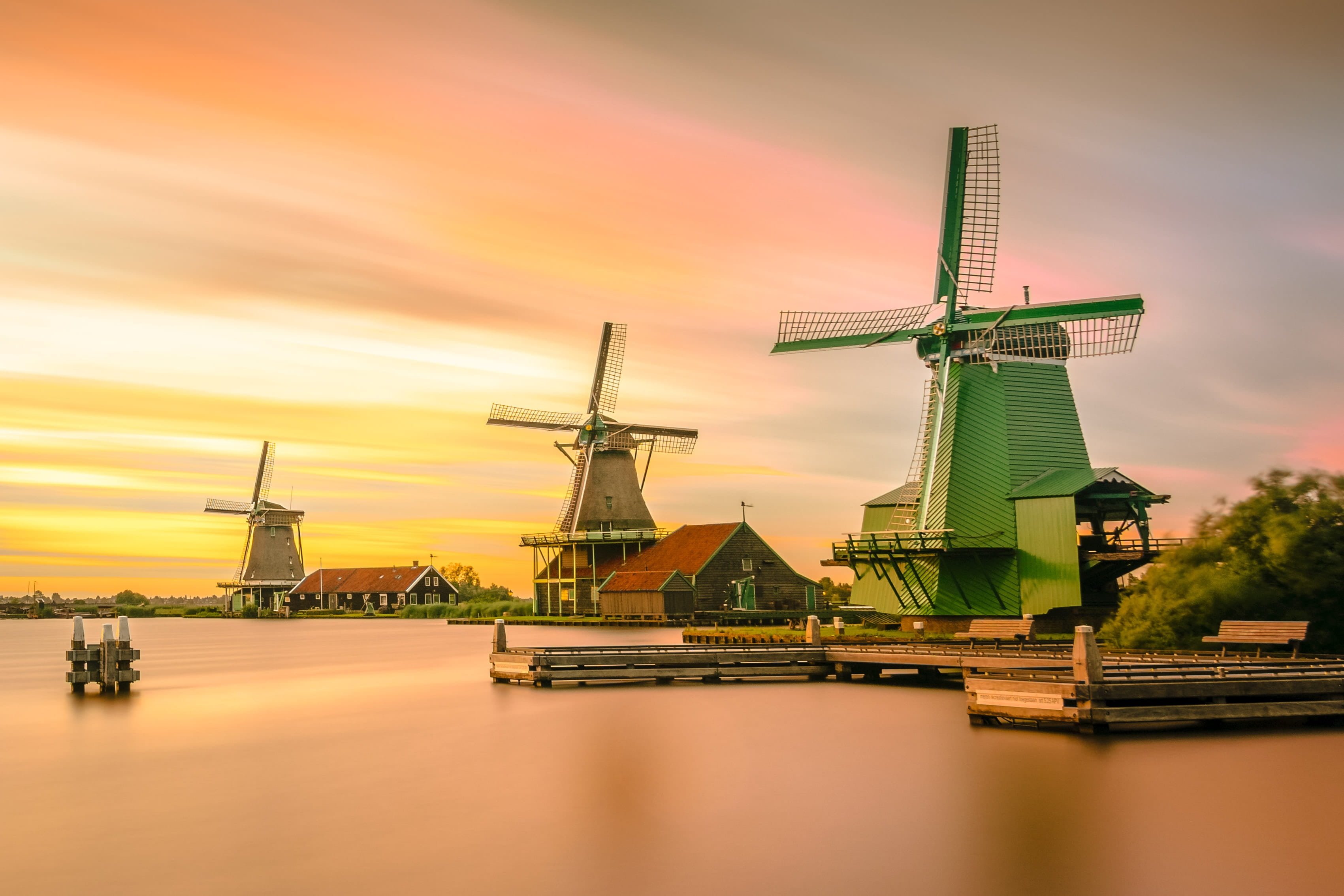 dusk, building, wind, reflection, green, wind power, orange color, renewable energy, travel, wind turbine, near, river, sky, sunset, landscape, environment, HD Wallpaper