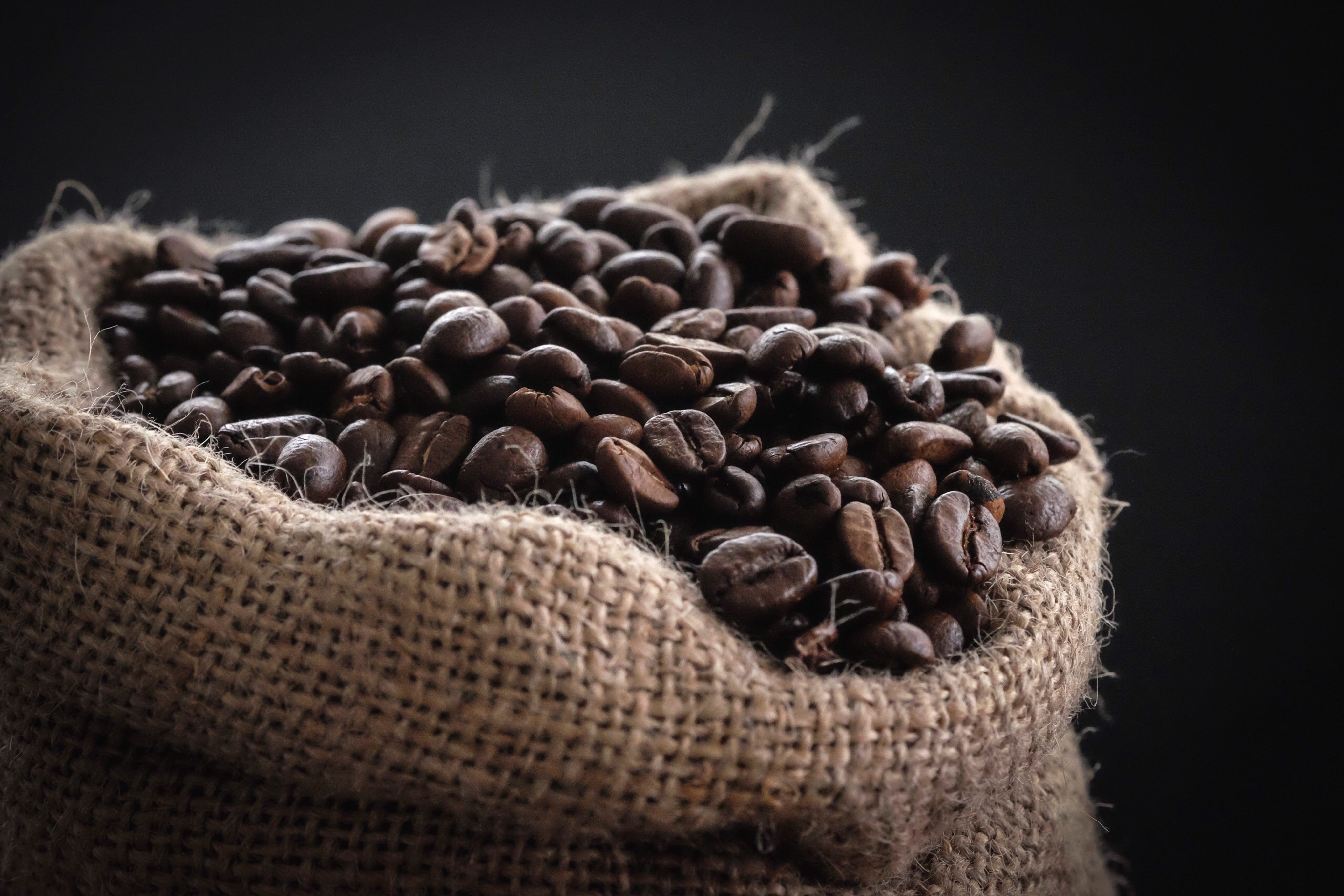 black background, sack, phtoography, indoors, food, roasted coffee bean, seed, food photography, angled, focus, grind, freshness, moody, coffee, abundance, HD Wallpaper