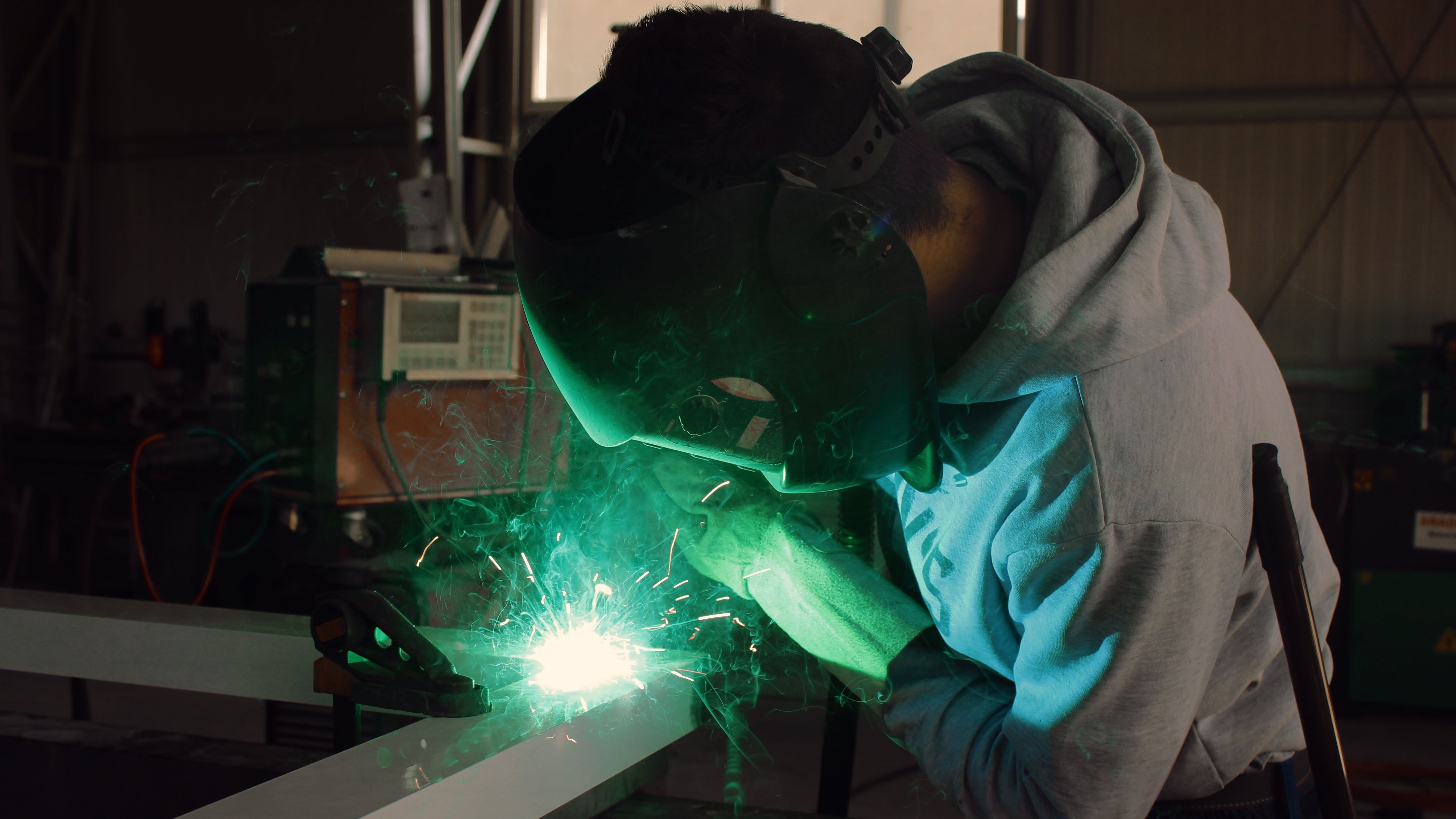 occupational safety and health, production, steel, sparks, metal, factory, indoors, obscured face, technical, construction, work, protective mask - workwear, HD Wallpaper