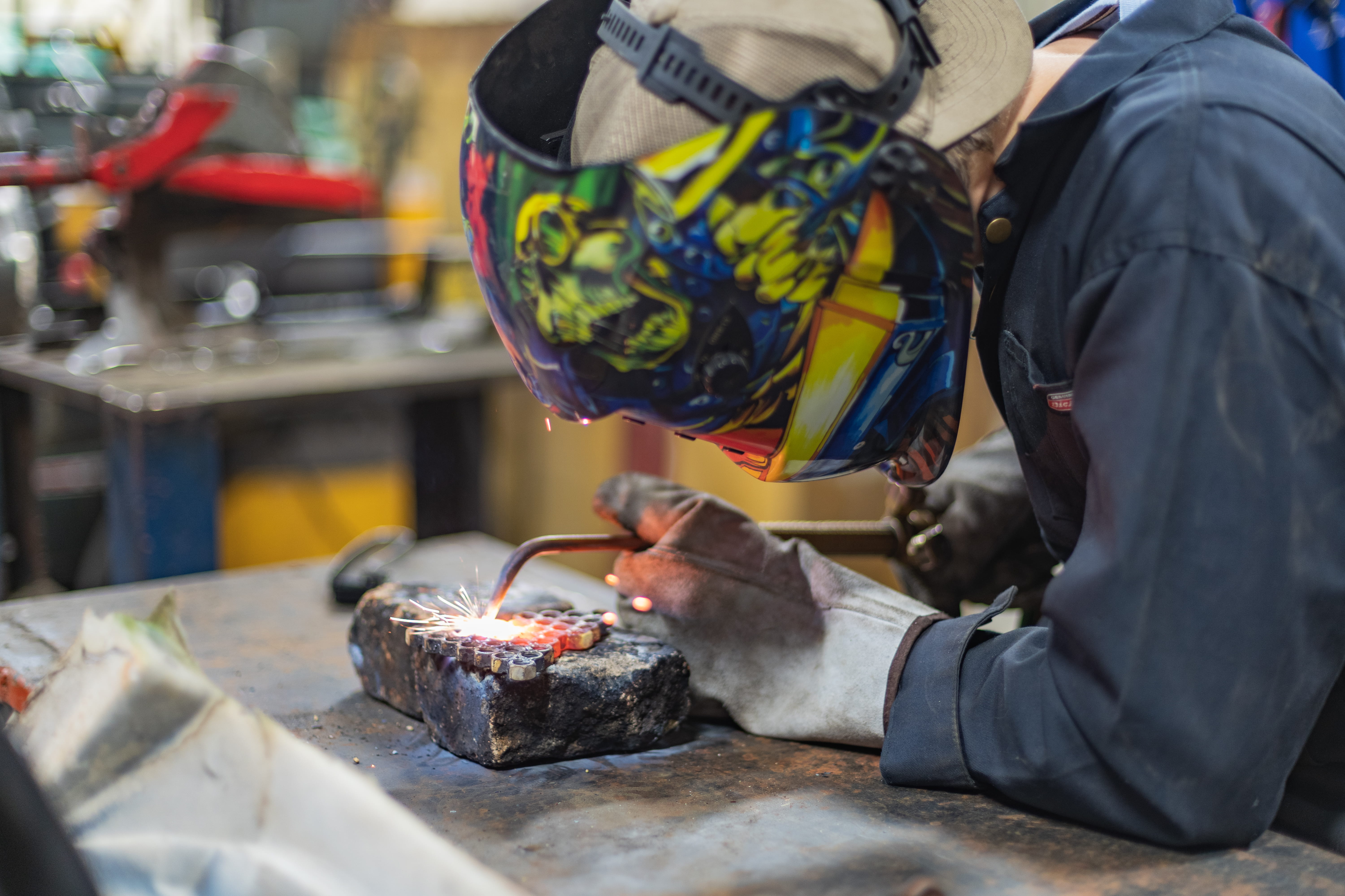 selective focus, occupation, fire, skill, portrait, metal, welding mask, outdoors, preparation, hot, day, food and drink, protection, HD Wallpaper