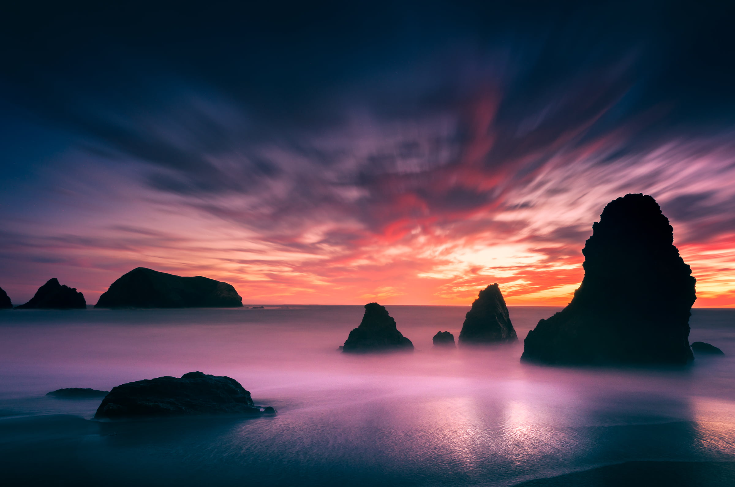 seascape, reflection, surrounding, long exposure, nature, rocks, Sunset, body, scenics, color, ocean, dark  night, beach, rodeo  beach, water, clouds, California  Bay Area, HD Wallpaper
