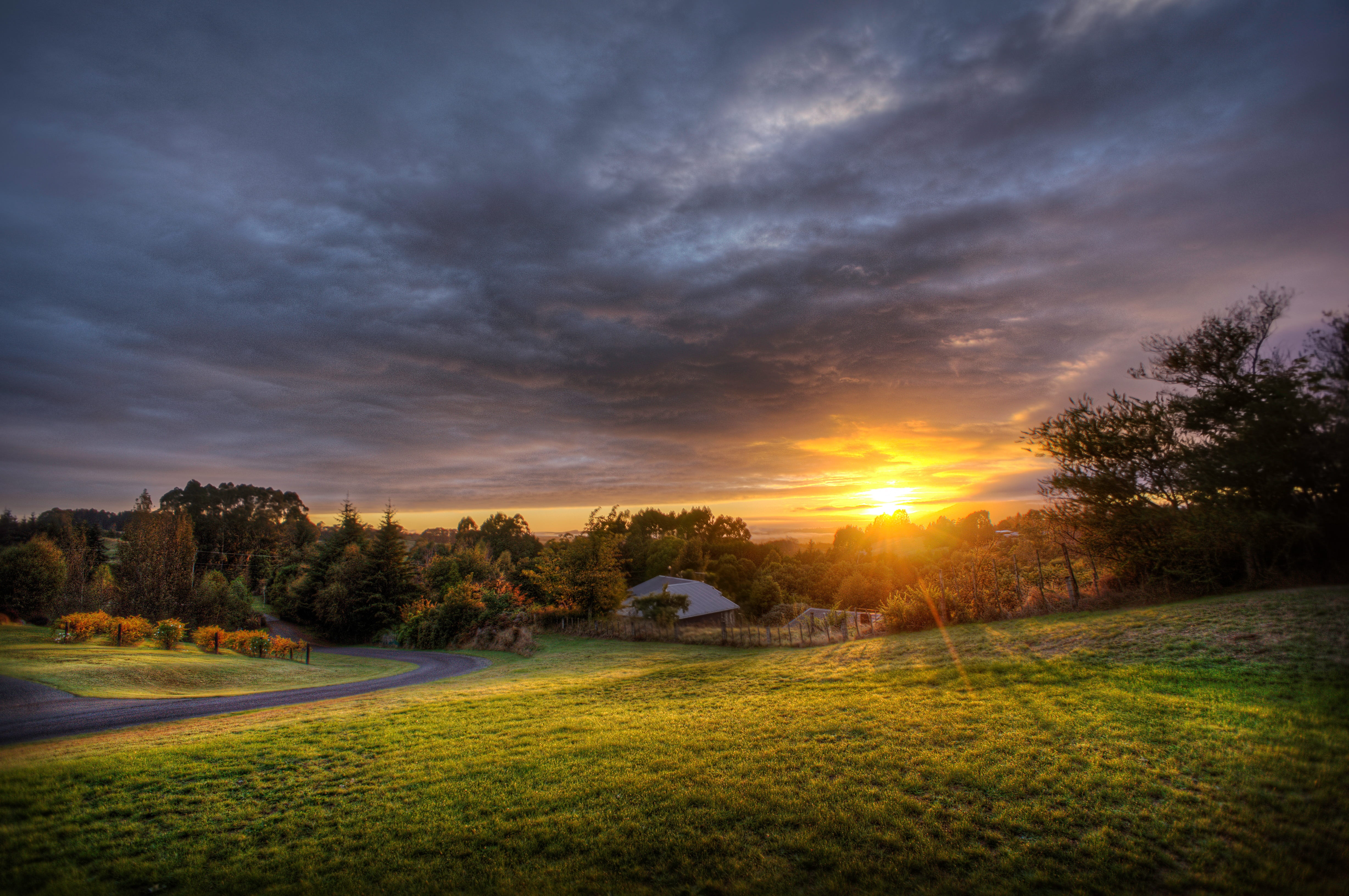 landscape, land, beauty in nature, forest, sky, farmhouse, tree, nature, meadow, grass, field, farmland, tranquil scene, sunset, scenics - nature, sunlight, HD Wallpaper
