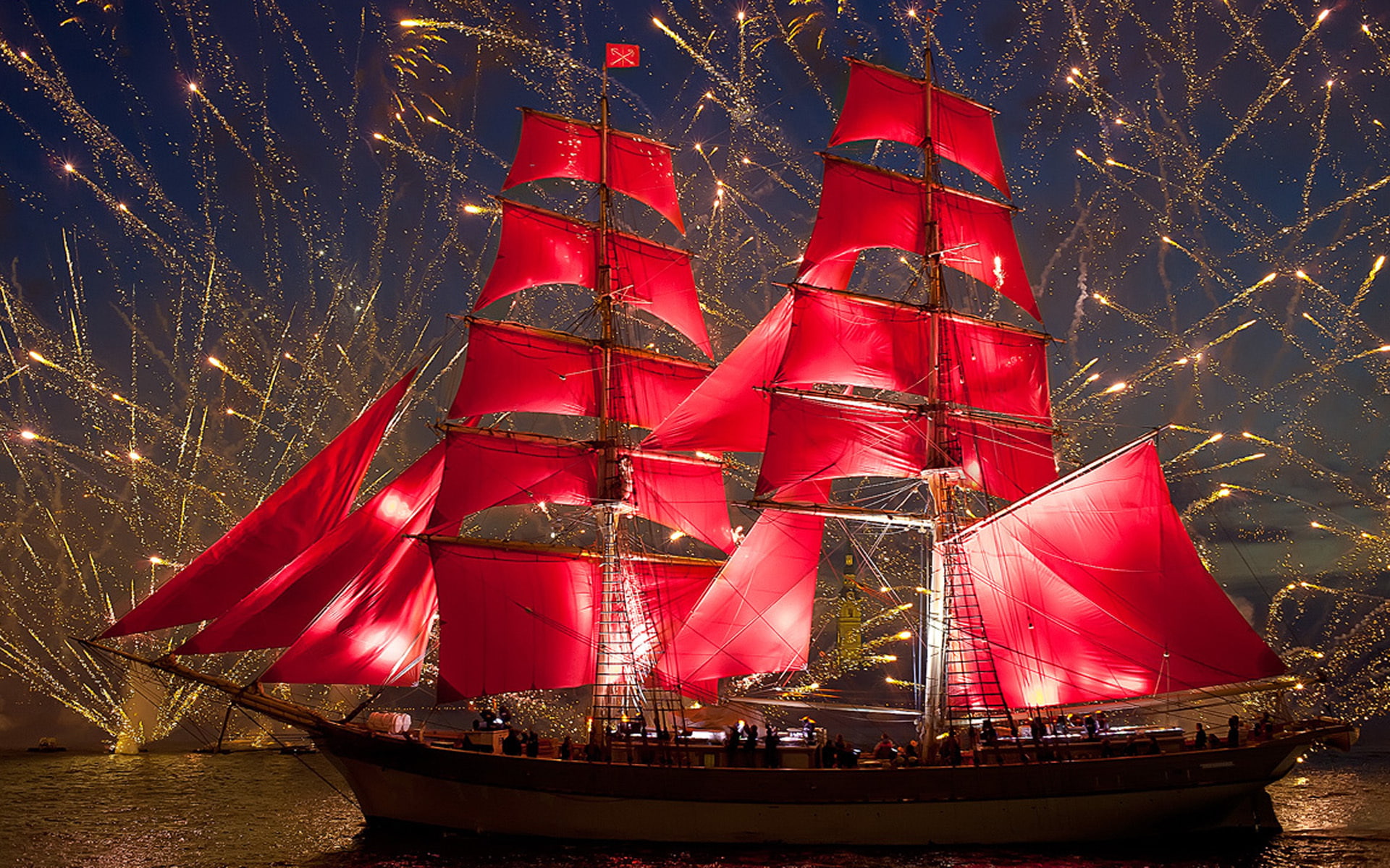 petersburg, 1080P, ship, red, mobile, russia, hd, tablet, st, fireworks, celebration, sails, pc, HD Wallpaper