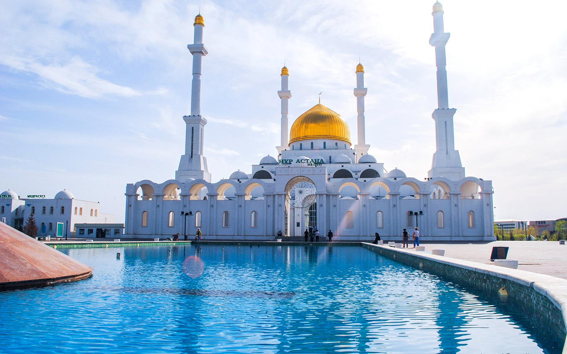 yellow, 1080P, white, astana, mosque, kazakhstan, minaret, HD Wallpaper