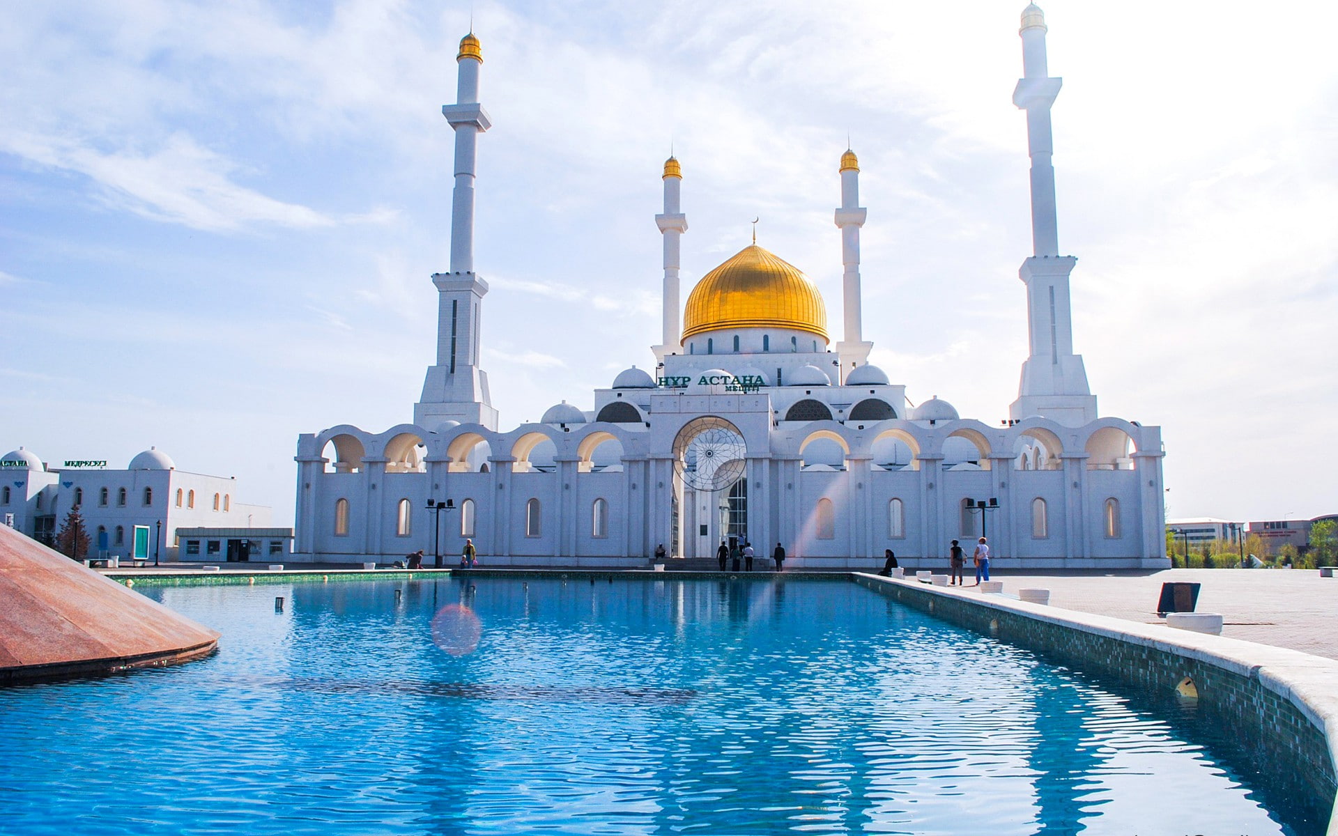 people, Astana, fountain, 1080P, minaret, Kazakhstan, mosque, HD Wallpaper