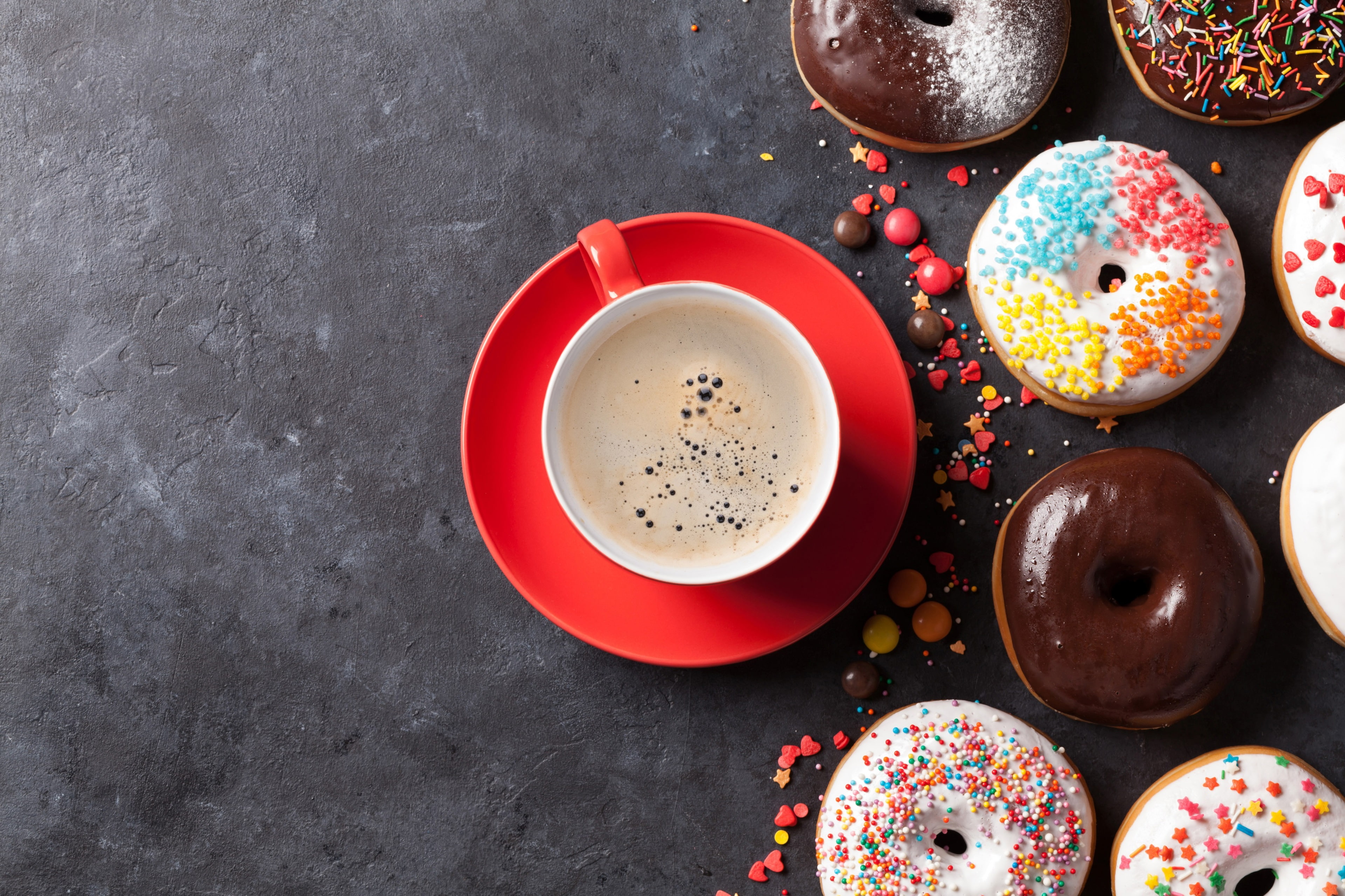 refreshment, food, doughnut 4k  pc full hd, table, 4K, breakfast, coffee, ready-to-eat, freshness, sweet food, hot drink, still life, drink, indoors, high angle view, HD Wallpaper