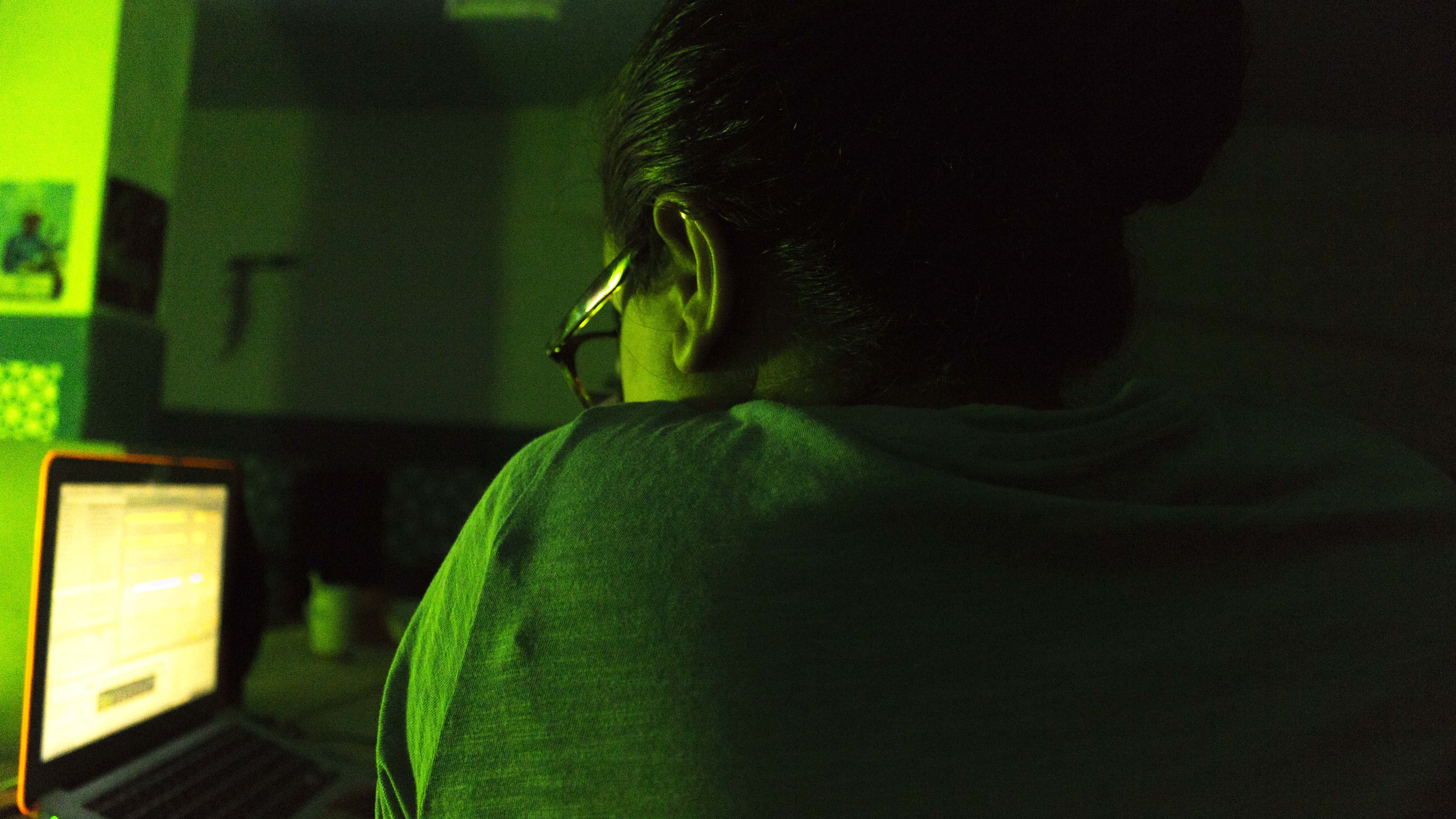 glasses, green, computer monitor, headshot, rear view, dj, connection, communication, technology, one person, art, eyeglasses, green color, human hair, HD Wallpaper