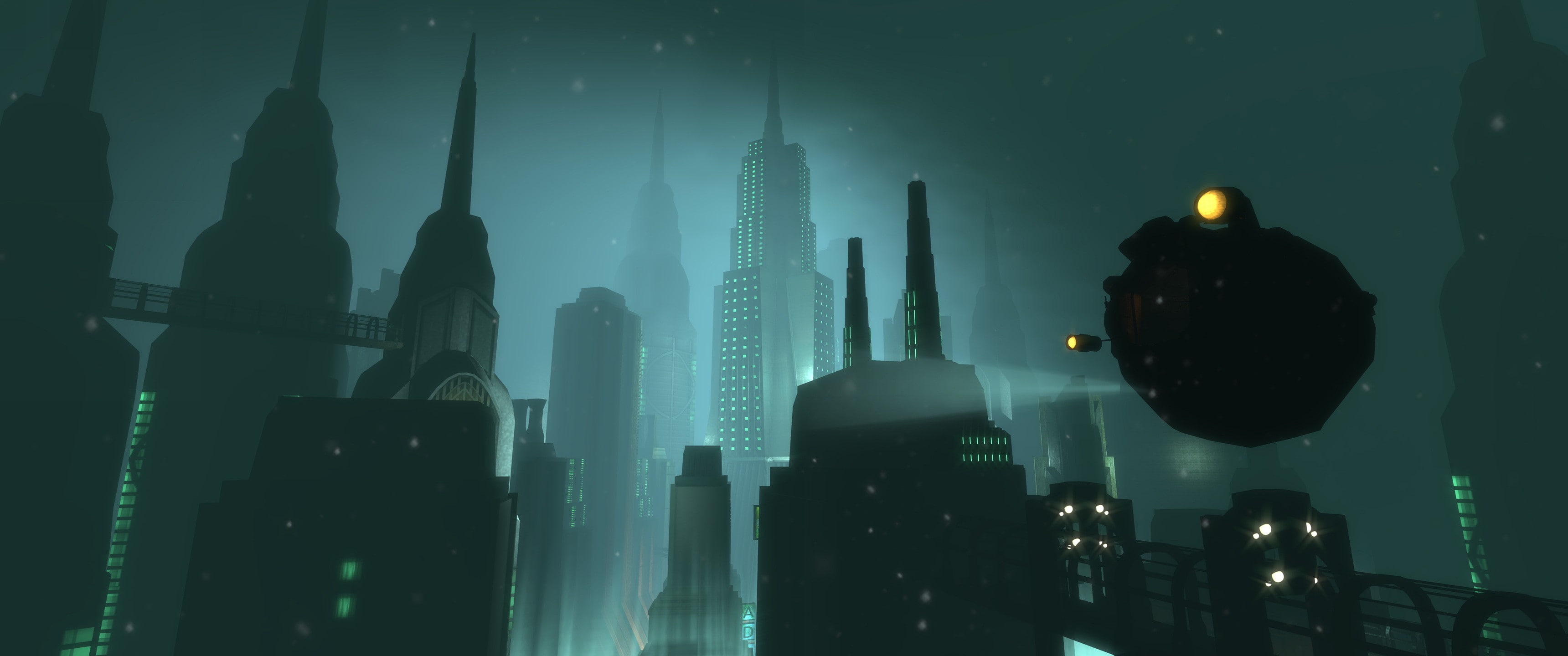 built structure, 2K, travel destinations, financial district, building, illuminated, night, glass, tower, skyscraper, BioShock, transparent, light, modern, HD Wallpaper