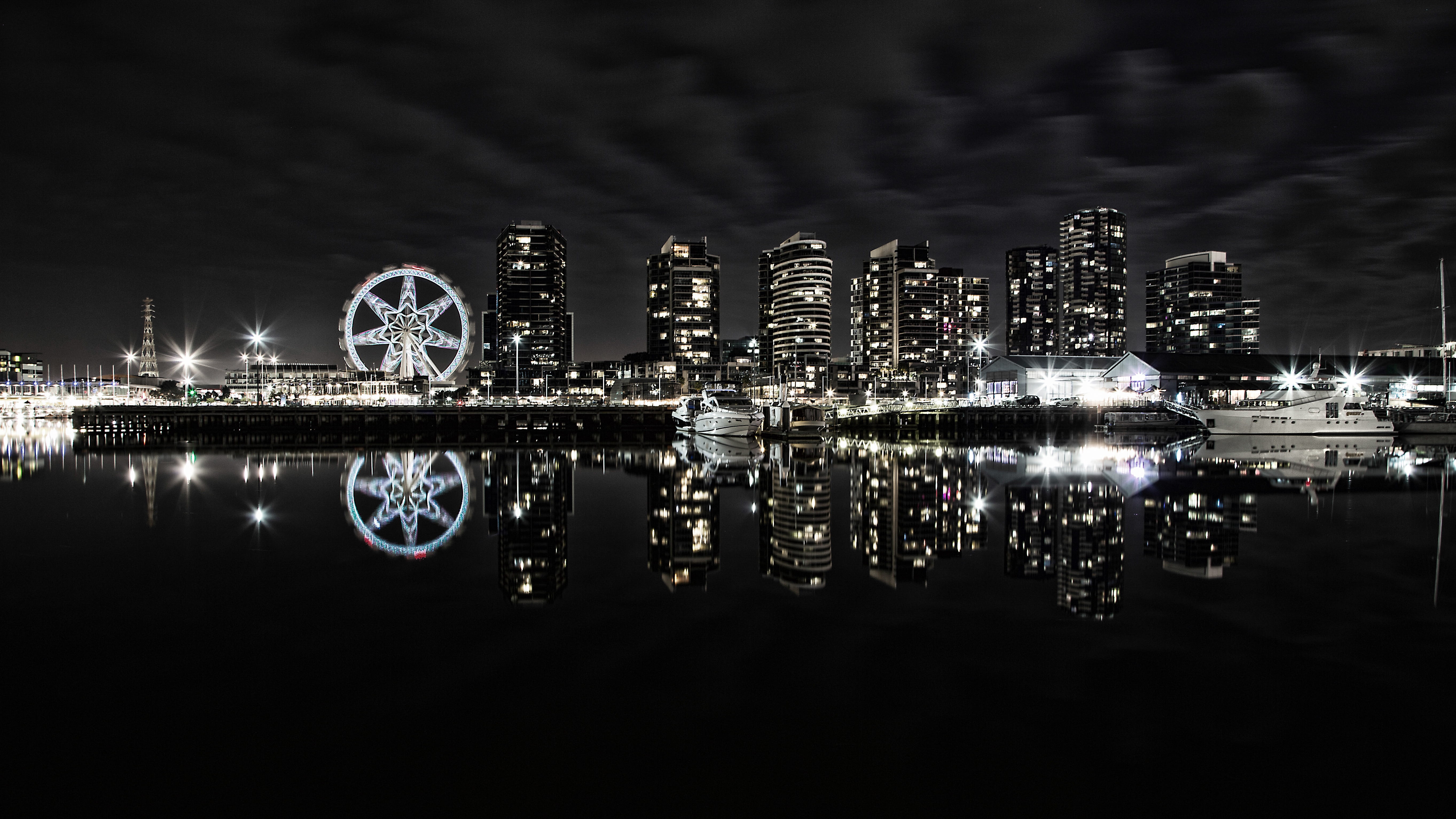 water, built structure, building, machine, town, reflection, skyscraper, wheel, spoke, downtown, car wheel, city, night, high rise, outdoors, docklands, HD Wallpaper