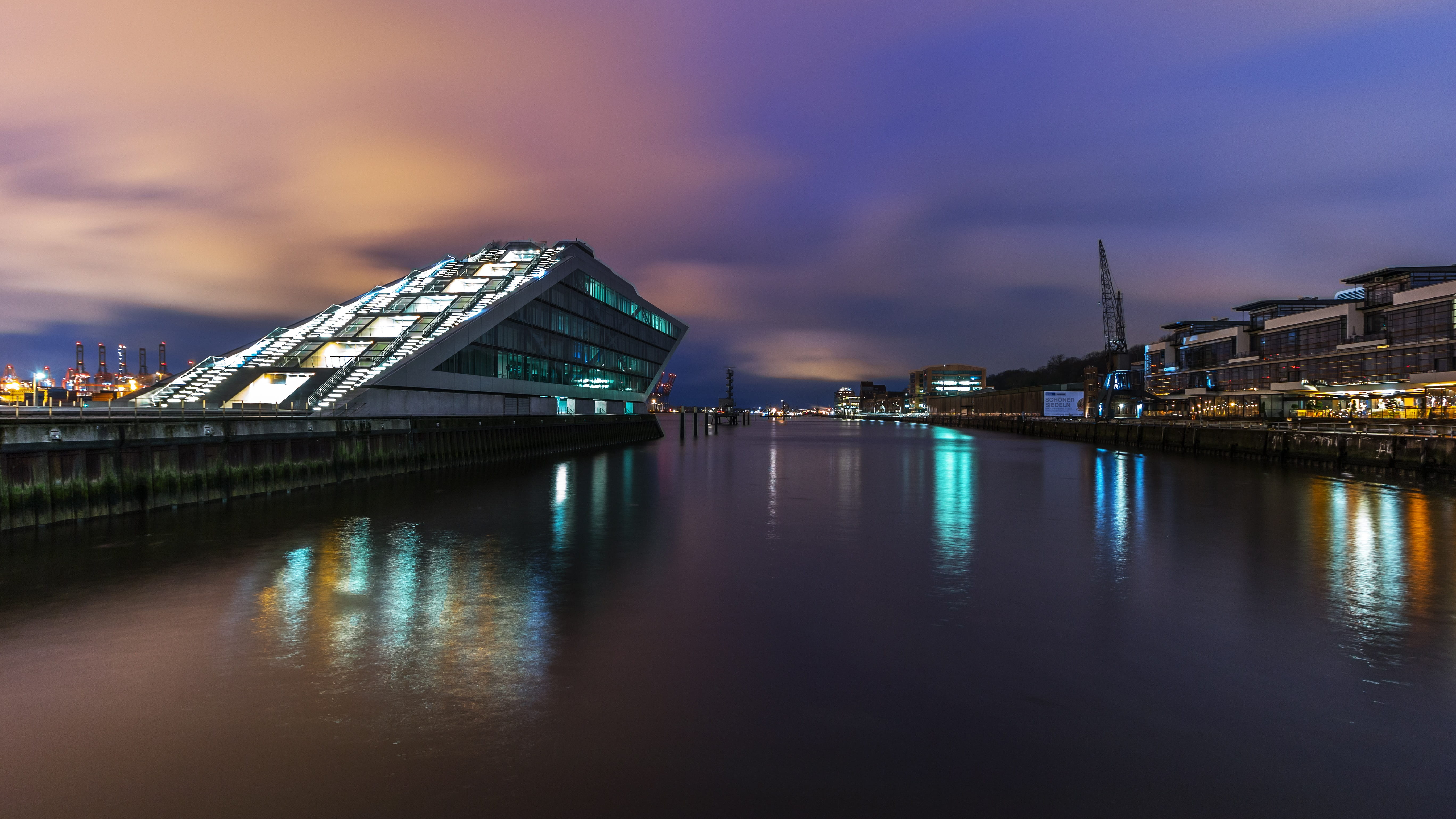 panorama, elbe, waterfront, travel, building exterior, waters, reflection, light, river, built structure, water surface, no people, dusk, white, travel destinations, HD Wallpaper