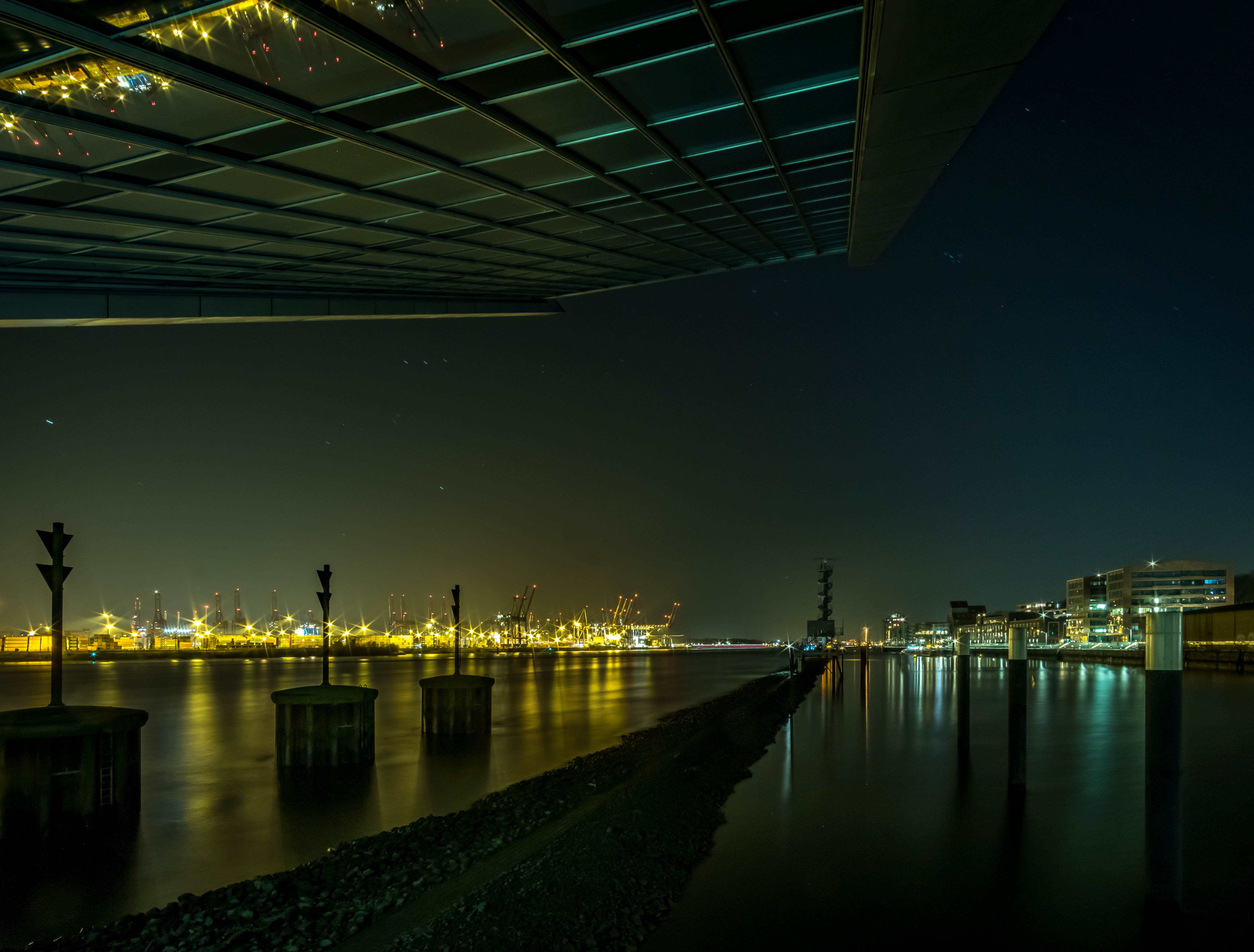 nature, lights, building exterior, lighting equipment, architecture, reflection, lightroom, cranes, sky, light, standing water, glowing, building, hamburg, HD Wallpaper