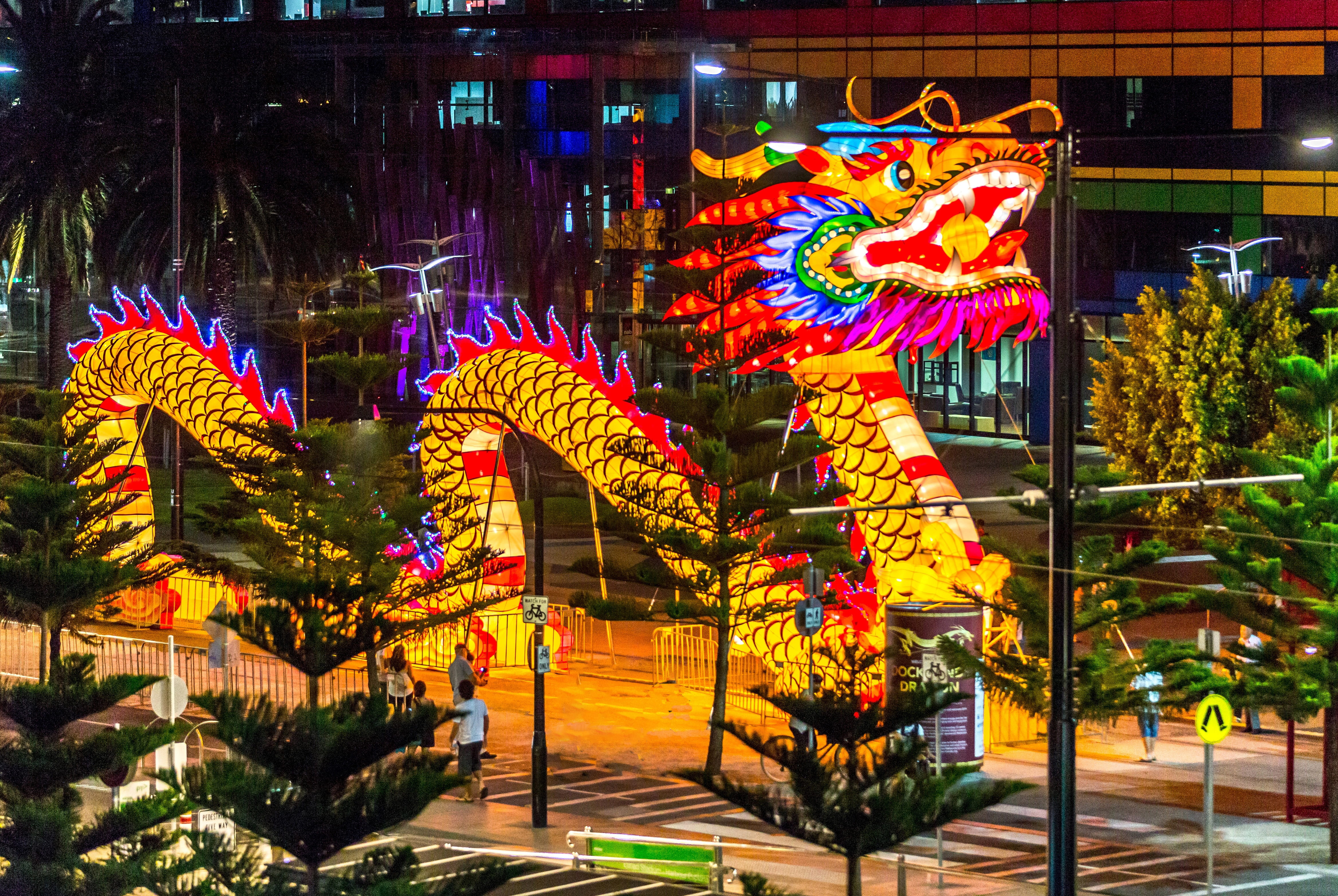 holiday, festival, illuminated, decoration, no people, docklands, building exterior, dragon, animal representation, multi colored, 4K, event, night, built structure, HD Wallpaper