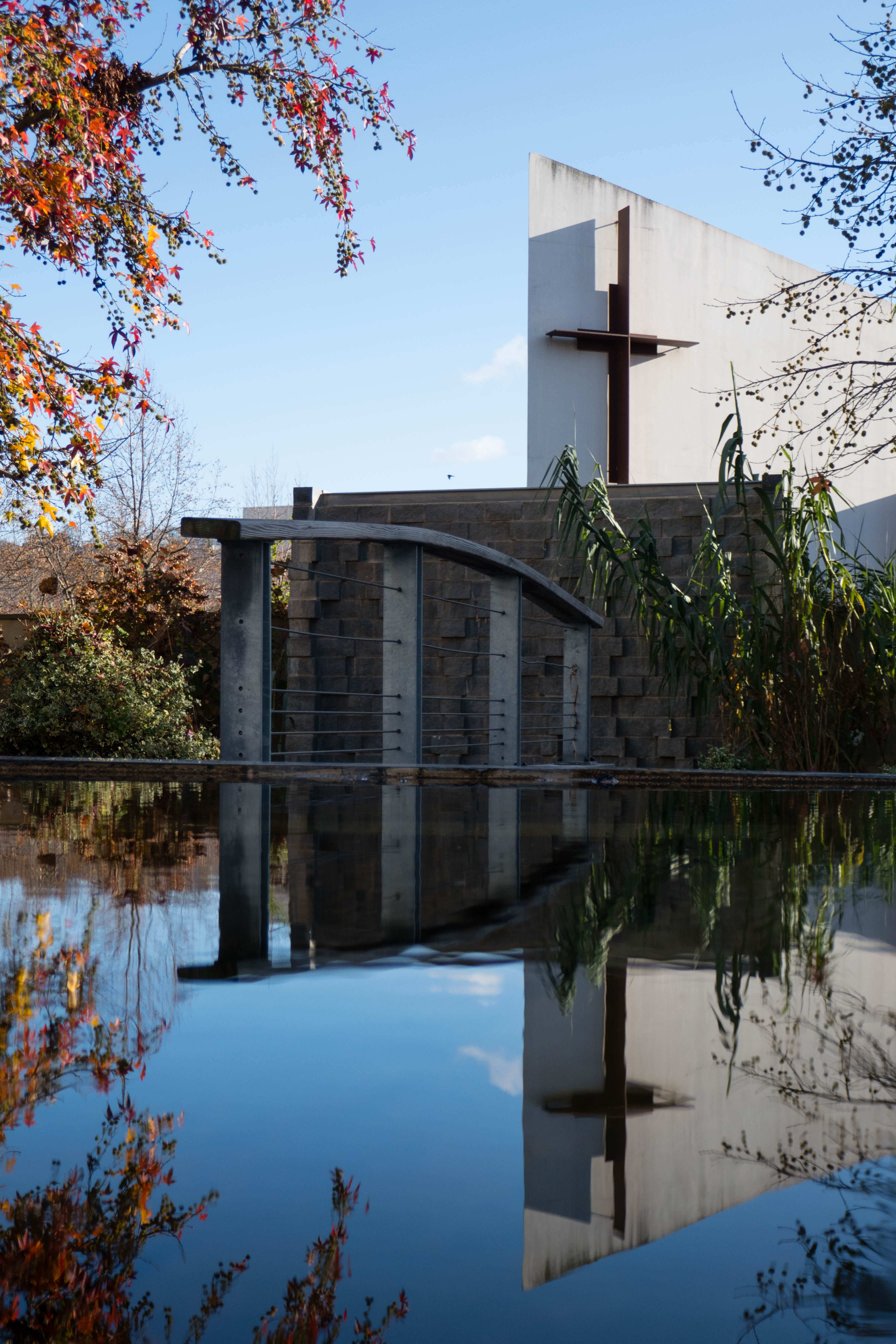 sky, day, outdoors, france, 5K, architecture, blue, nature, no people, reflection, cloud - sky, building, tree, cross, miror, built structure, water, cachan, Phone HD Wallpaper