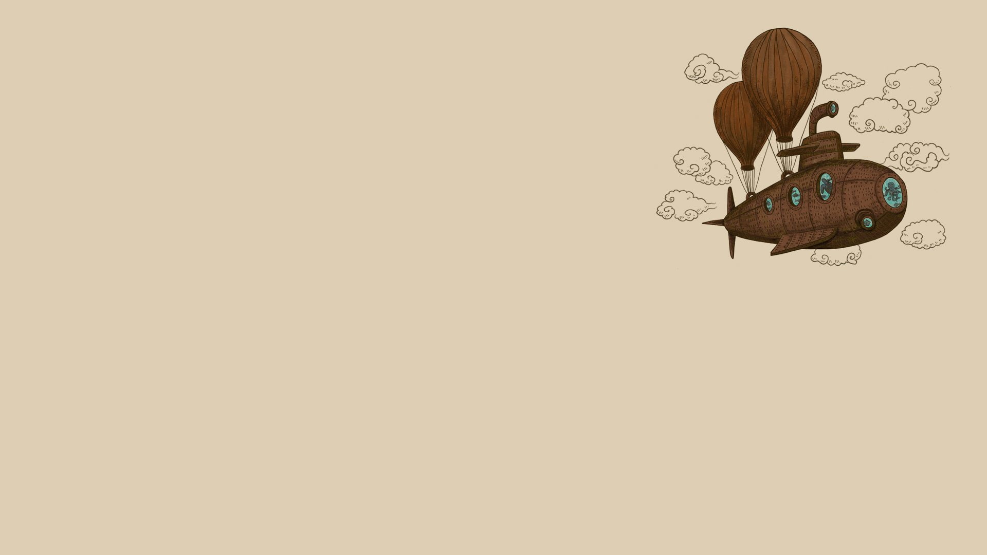 u, Reality, Octopuses, boat, Reversed, minimalistic, 1080P, Steampunk, balloons, clouds, HD Wallpaper