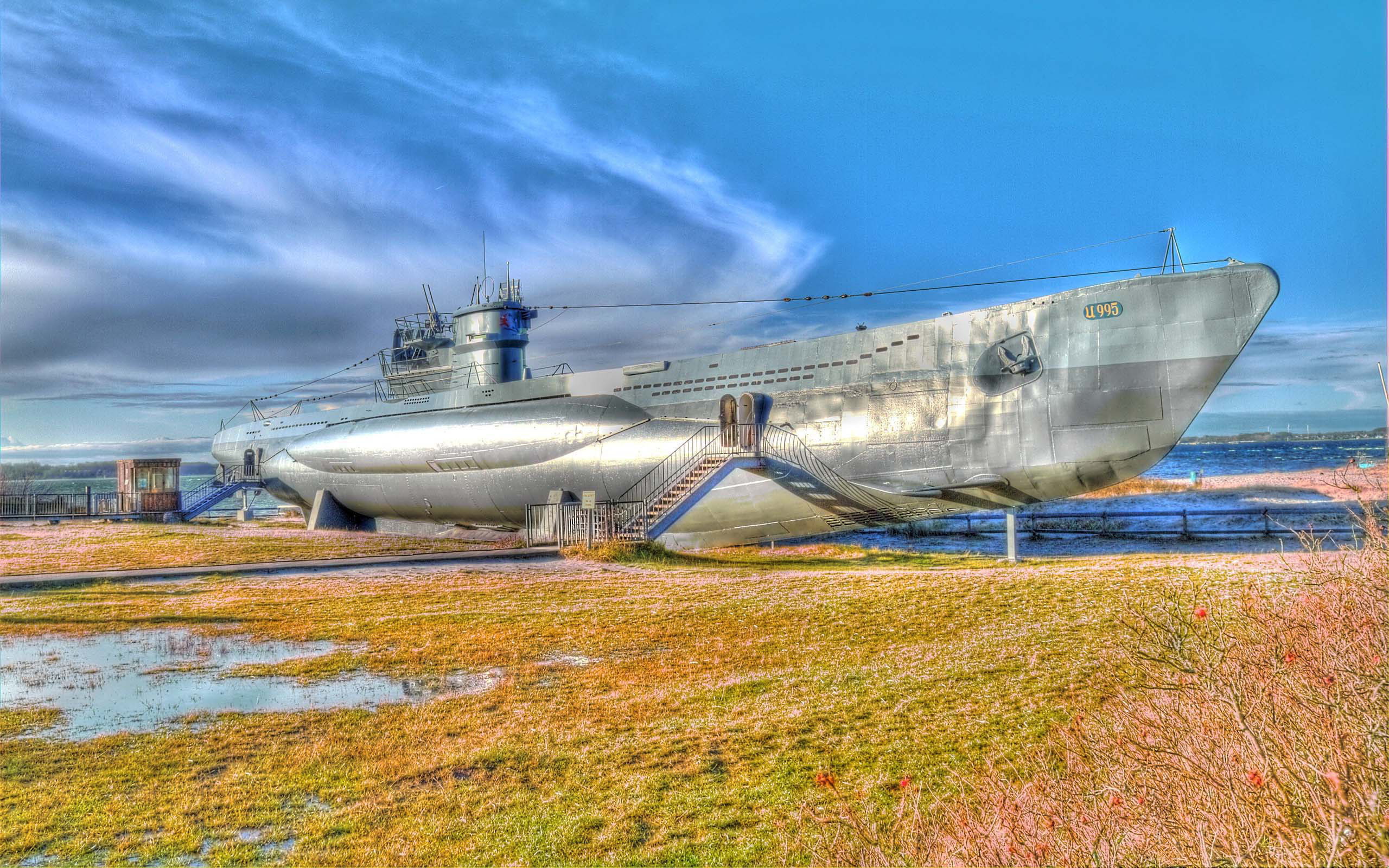 installed, HDR., Navy, boat, underwater, near, average, Labe, the beach, ship, submarine, Museum, German, Germany, U-995, type, 2K, HD Wallpaper