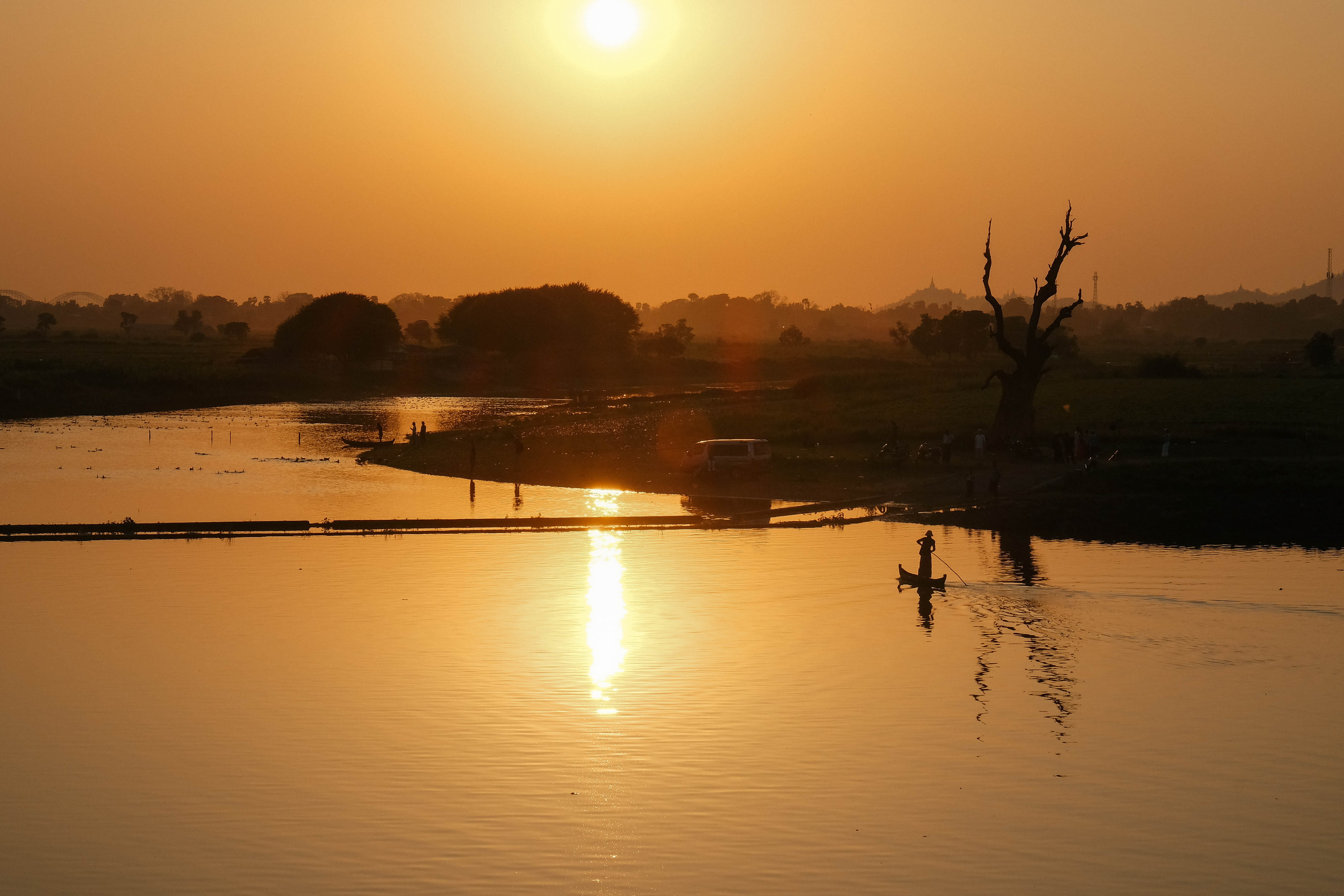 water, lake, sun, sky, silhouette, reflection, landscape, Myanmar, back Lit, tree, nature, grasses, no people, scenics, View, beauty In Nature, waterfront, HD Wallpaper