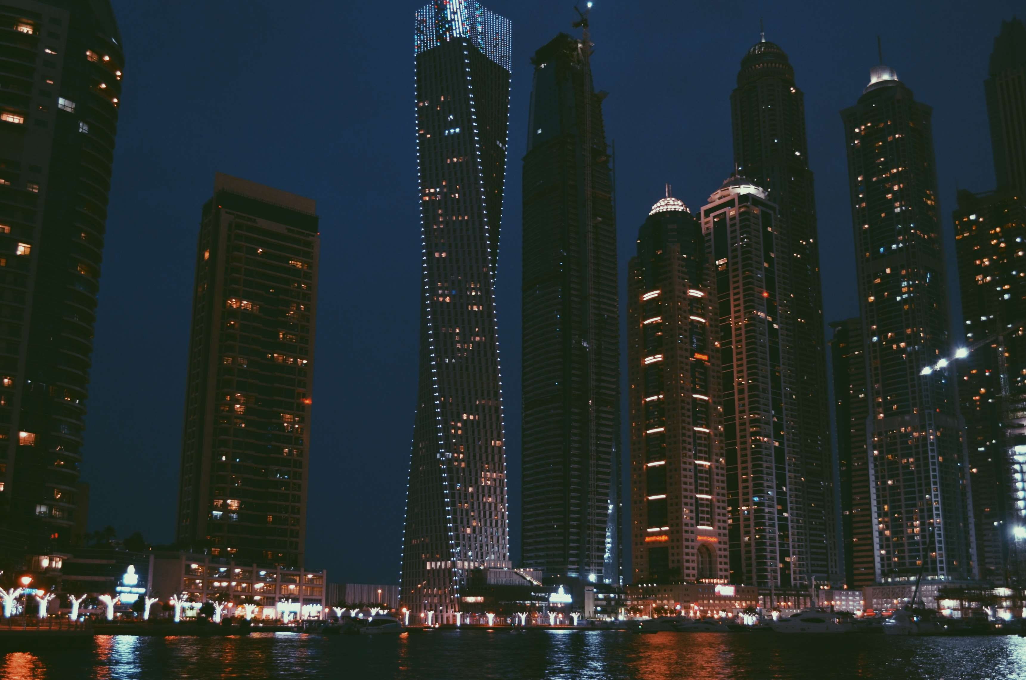boats, lights, urban skyline, landscape, modern, dark, architecture, beautiful, skyline, financial district, city lights, illuminated, 2K, scenic, outdoors, HD Wallpaper