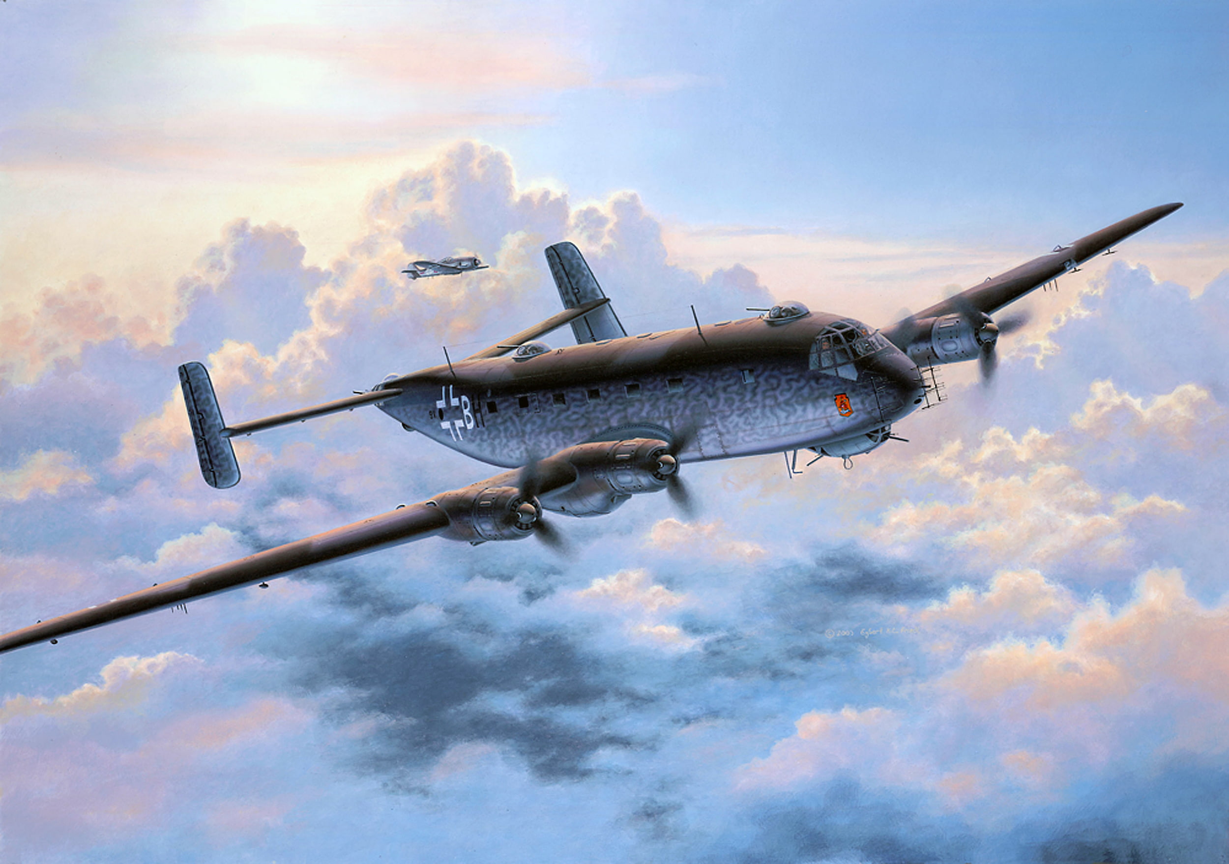 Ju-290, Junkers, Junkers Ju.290, sea, 1080P, art, WW2, German, figure, far, the sky, spy plane/bomber, HD Wallpaper