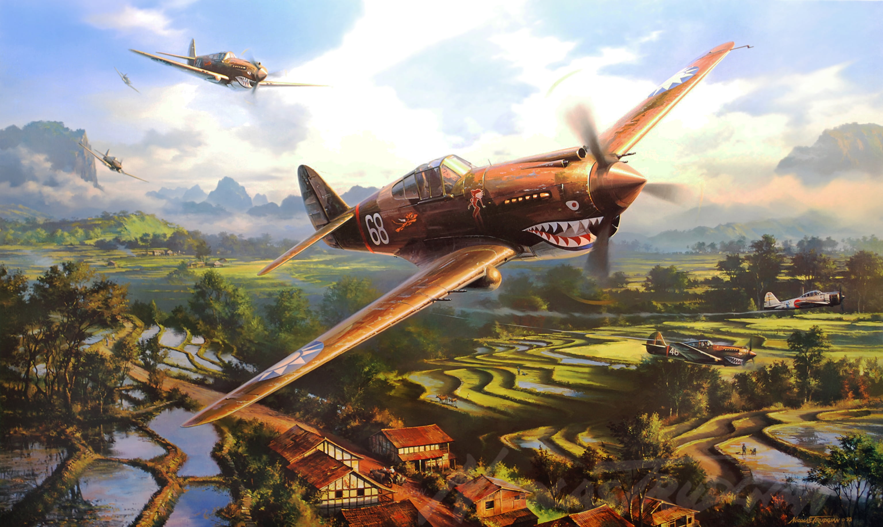 plane, speed, plant, outdoors, reflection, p-40 tomahawk, machinery, fighter, illustration, aerial View, no people, air, land Vehicle, day, blue, mid-Air, HD Wallpaper