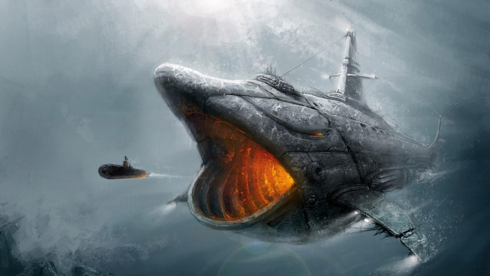 1080P, fantasy art, submarine, water, artwork, underwater, steampunk, HD Wallpaper