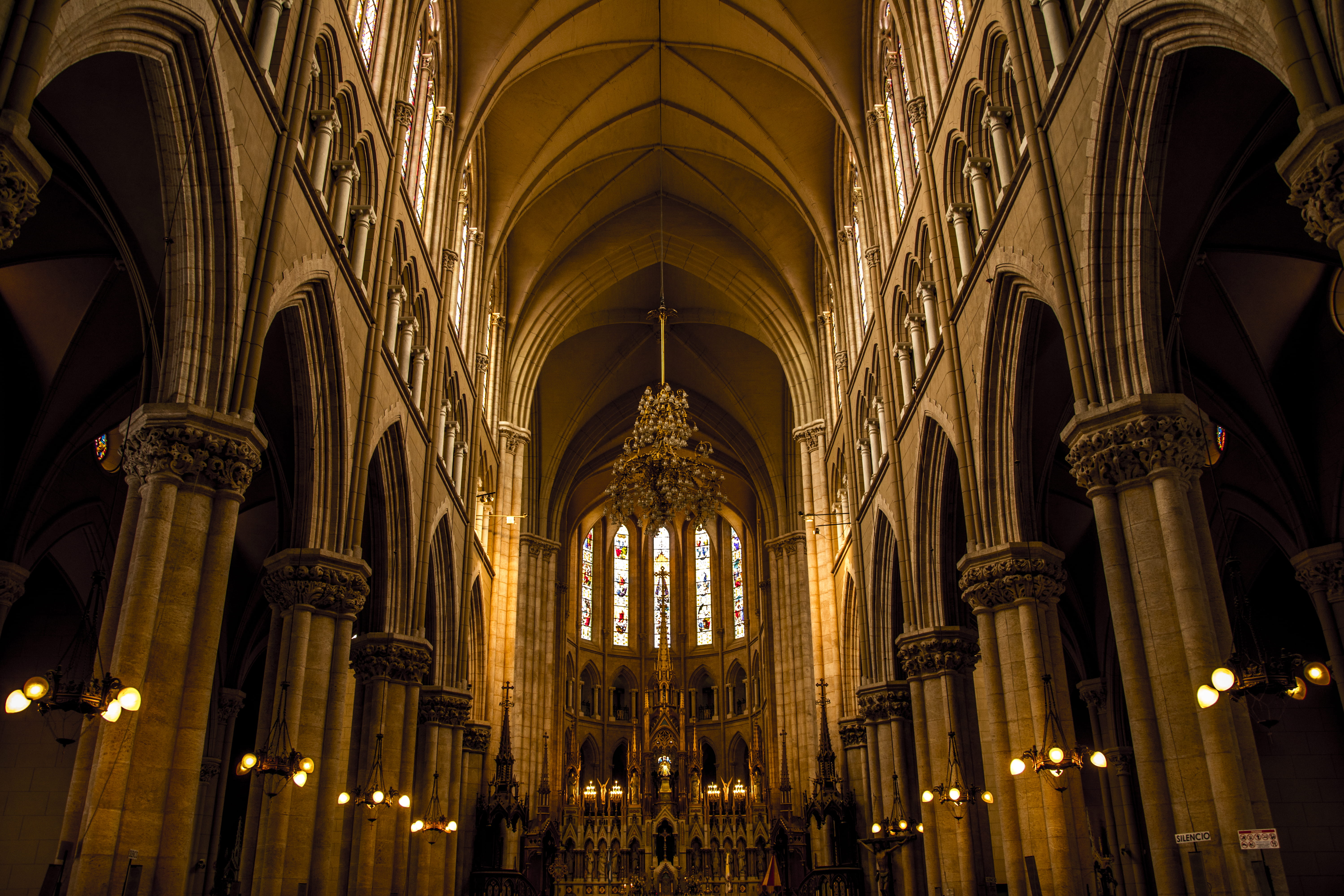 illuminated, argentina, basilica, arch, belief, luján, indoors, aisle, travel destinations, buenos aires, neogothic, architectural column, gothic style, HD Wallpaper