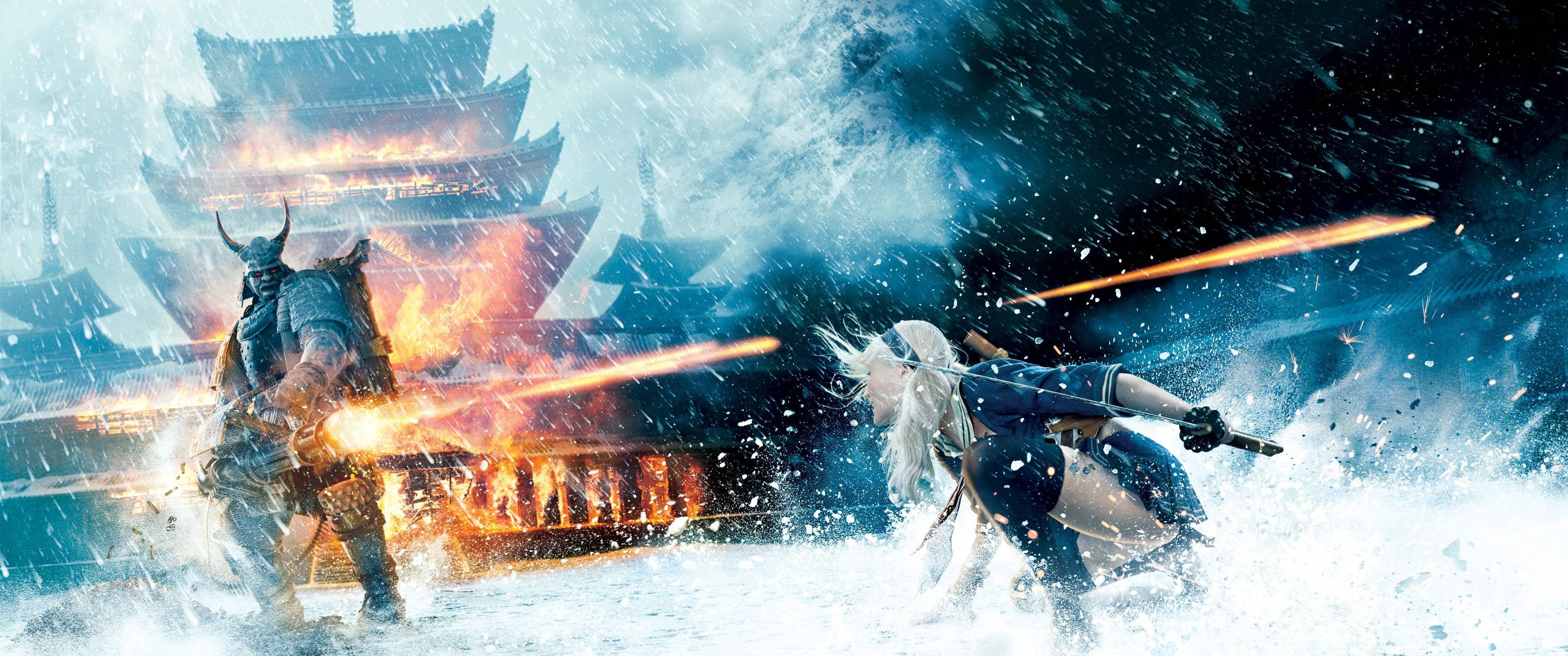 Sucker Punch, winter, nature, full length, smoke - physical structure, outdoors, movie, 2K, snow, cold temperature, motion, transportation, communication, HD Wallpaper