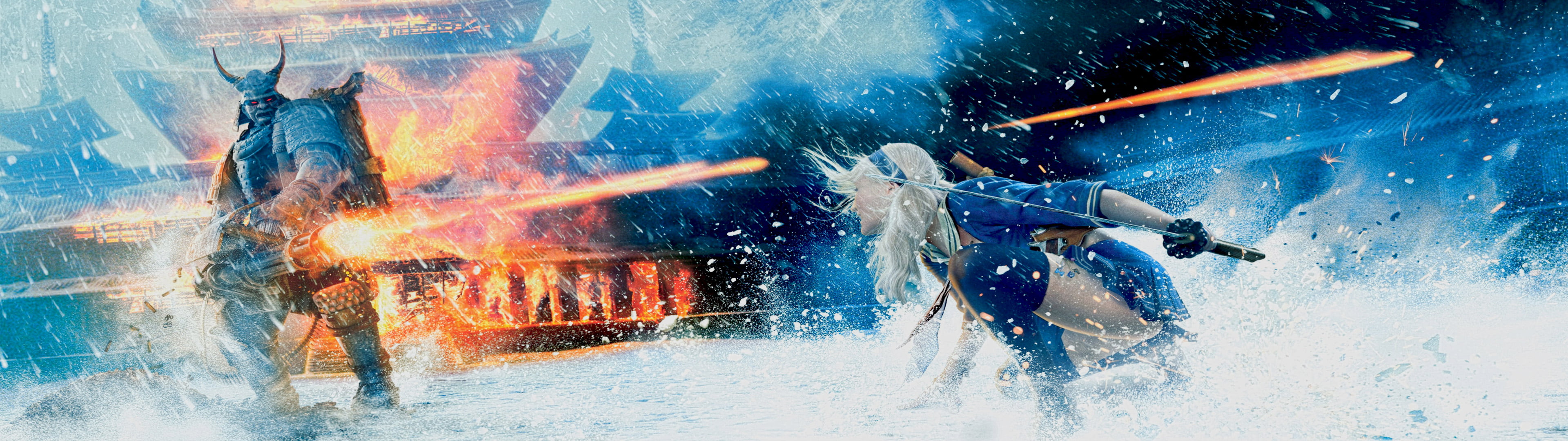 nature, sport, 4K, motion, day, woman, burning, people, Sucker Punch, fire, sea, katana, snow, movies, multiple display, samurai, adult, young adult, dual monitors, HD Wallpaper