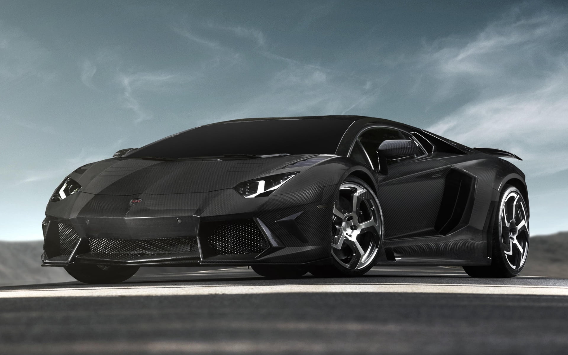 aventador, black Color, mansory, alloy Wheel, sky, technology, mode of Transport, engine, wheel, speed, chrome, tuning, carbon, lamborghini, shiny, 1080P, HD Wallpaper