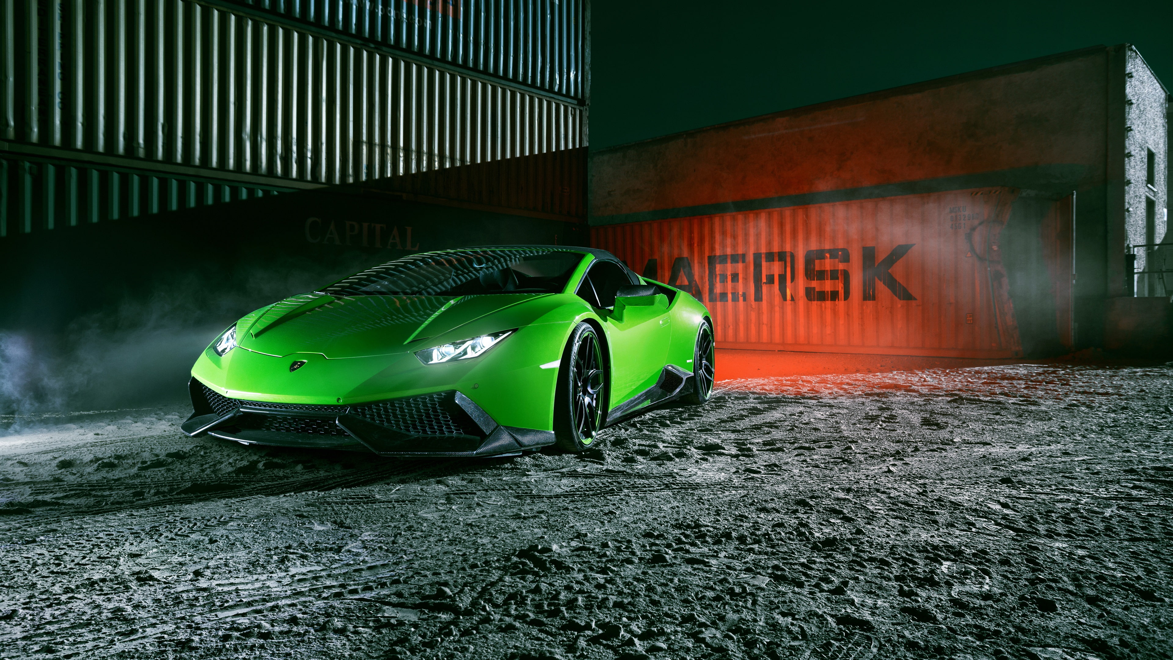 4K, Dock, Huracan, Night, Front, View, Lamborghini, Spyder, Green, Supercar, HD Wallpaper