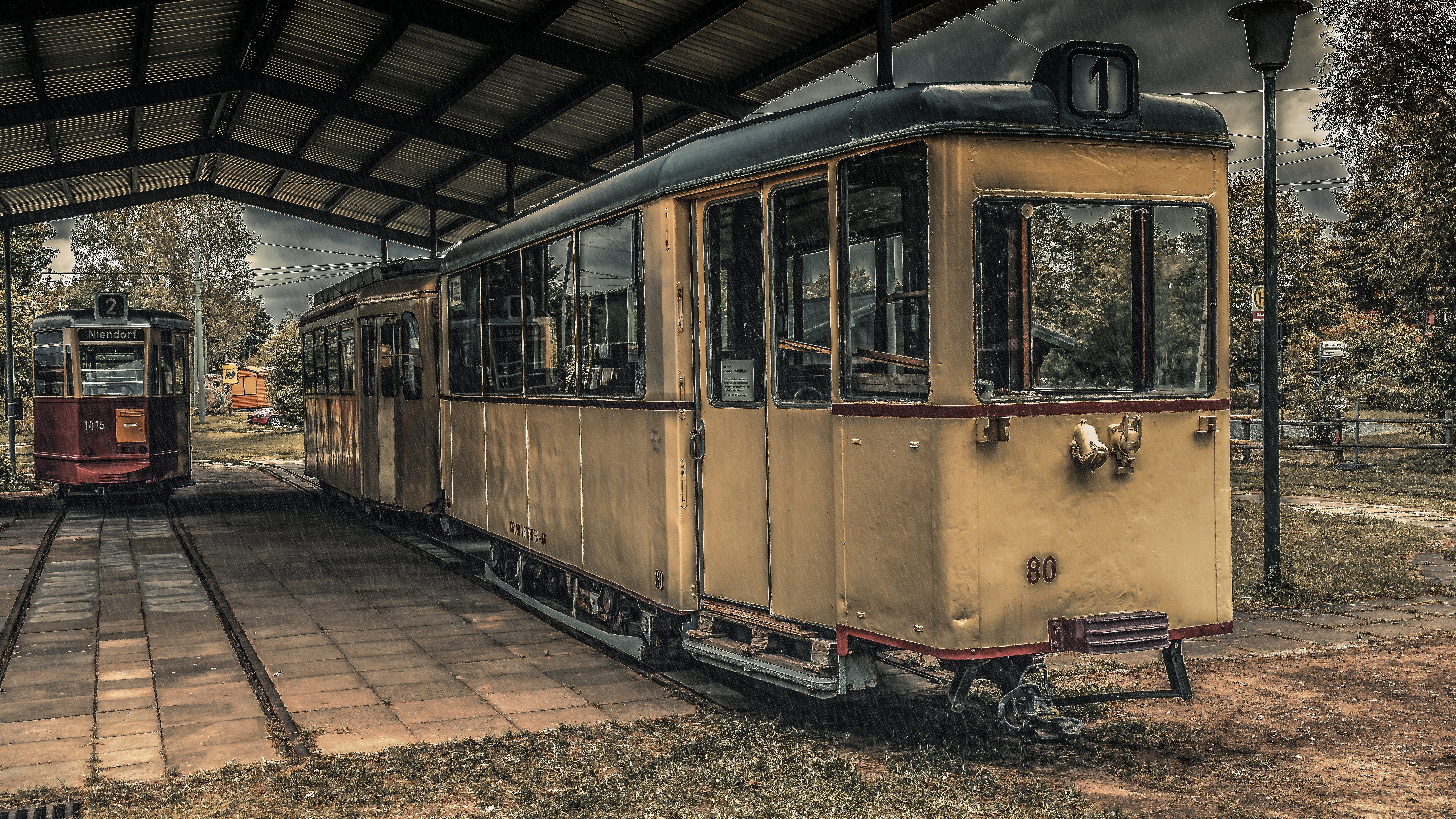 railroad track, tram, ceiling, track, mode of transportation, rail traffic, transportation, built structure, rain, rails, passenger train, 5K, cable car, HD Wallpaper