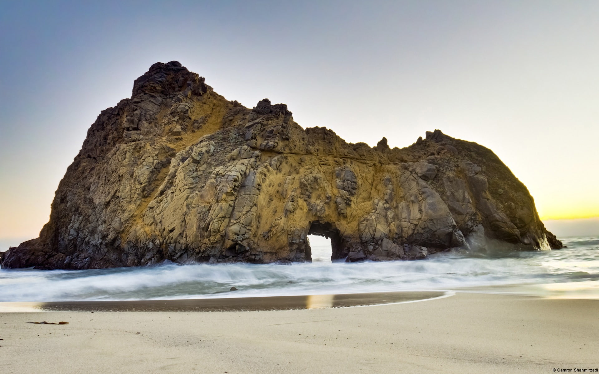 big, sur, tranquil scene, rock formation, beauty in nature, stack rock, clear sky, power in nature, 1080P, sea, windows, solid, pfeiffer, nature, sand, HD Wallpaper