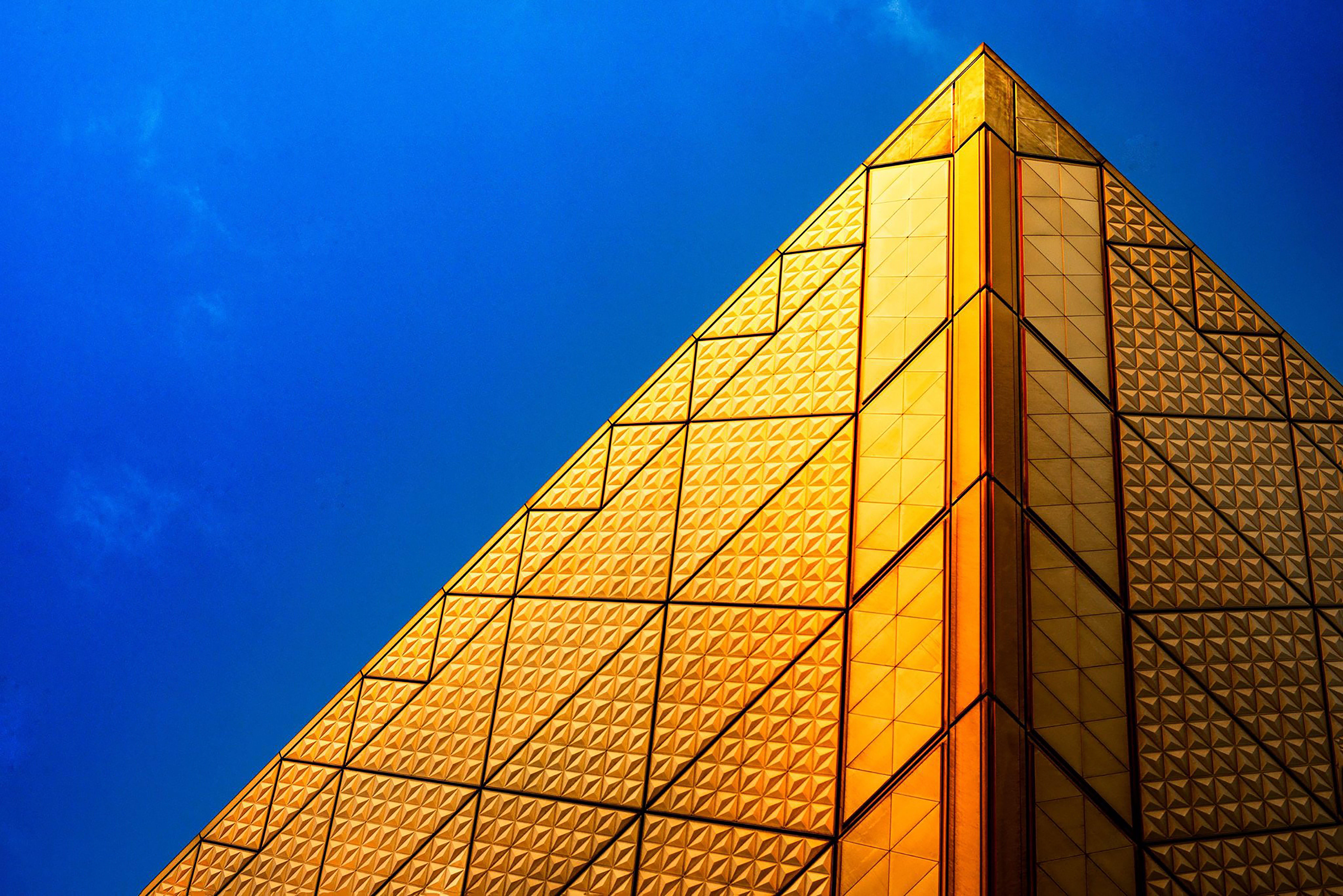 blue, day, low, office, built Structure, geometric shape, city, 5K, outdoors, nature, sunlight, daytime, low angle view, architecture, structure, angle, HD Wallpaper