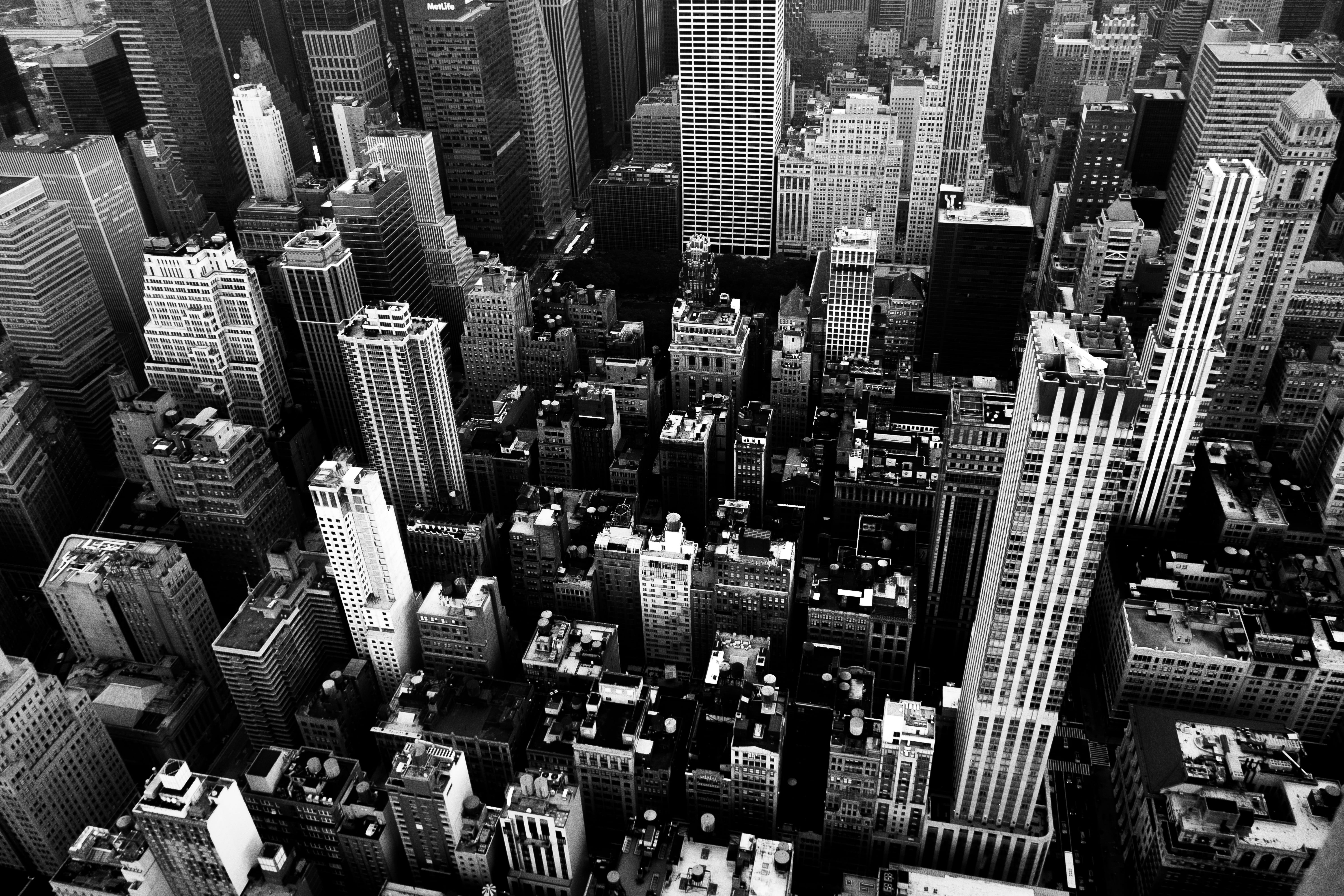 outdoors, New York, town center, downtown, united states, tower, office building exterior, office building, building exterior, aerial, black and white, HD Wallpaper
