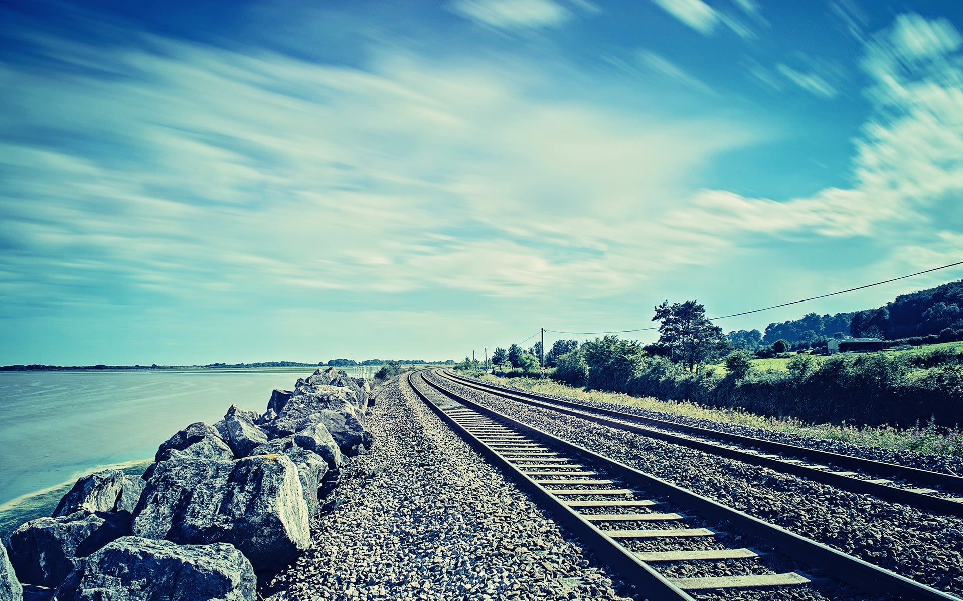 sea, black, day, outdoors, railroad track, landscape, nature, scenics - nature, rail transportation, sky, white, solid, vanishing point, scooter, track, HD Wallpaper