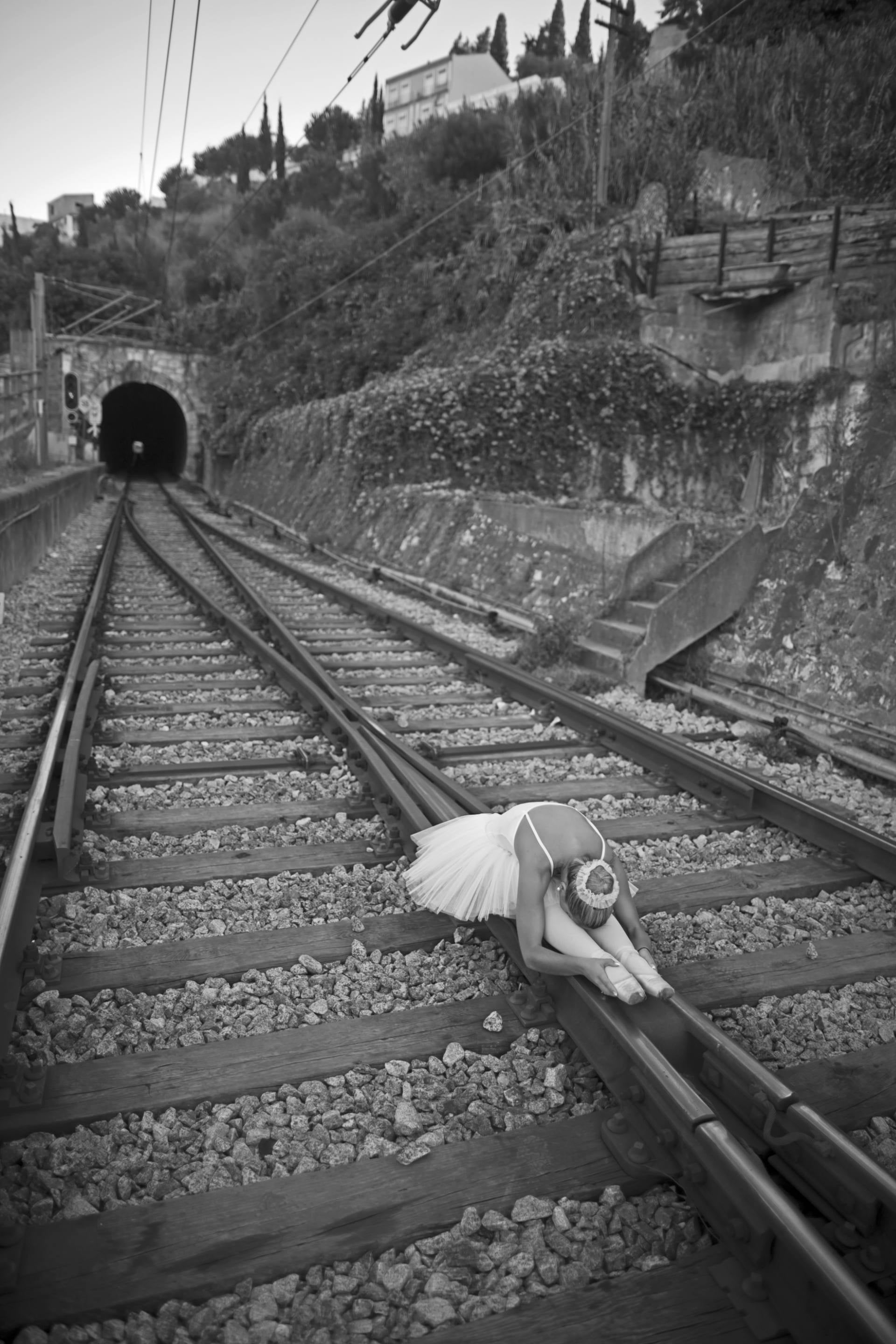monochrome, public transportation, day, the way forward, railroad track, 2K, model, Lisbon, sitting, diminishing perspective, photography, outdoors, metal, Phone HD Wallpaper