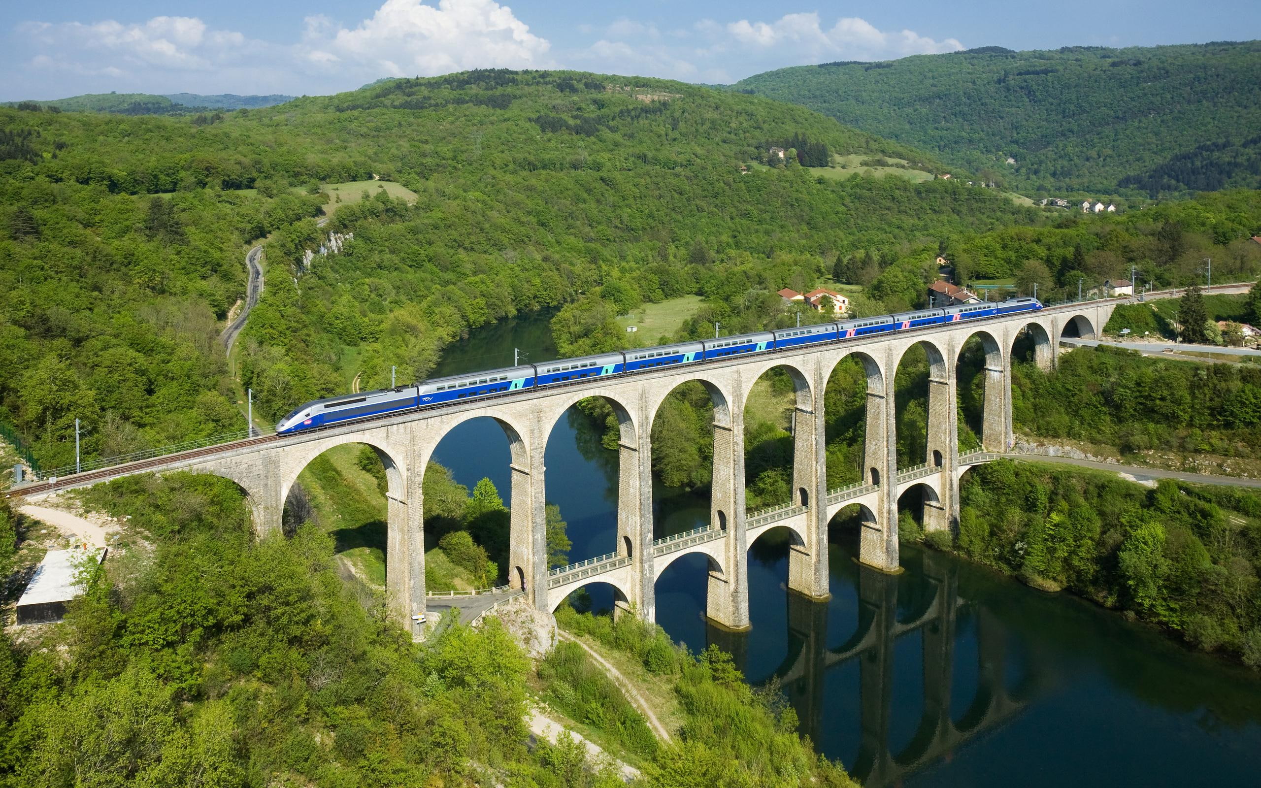train, blue, animals, green, 2K, concrete, hills, bridge, modern, beige, architecture, river, water, HD Wallpaper